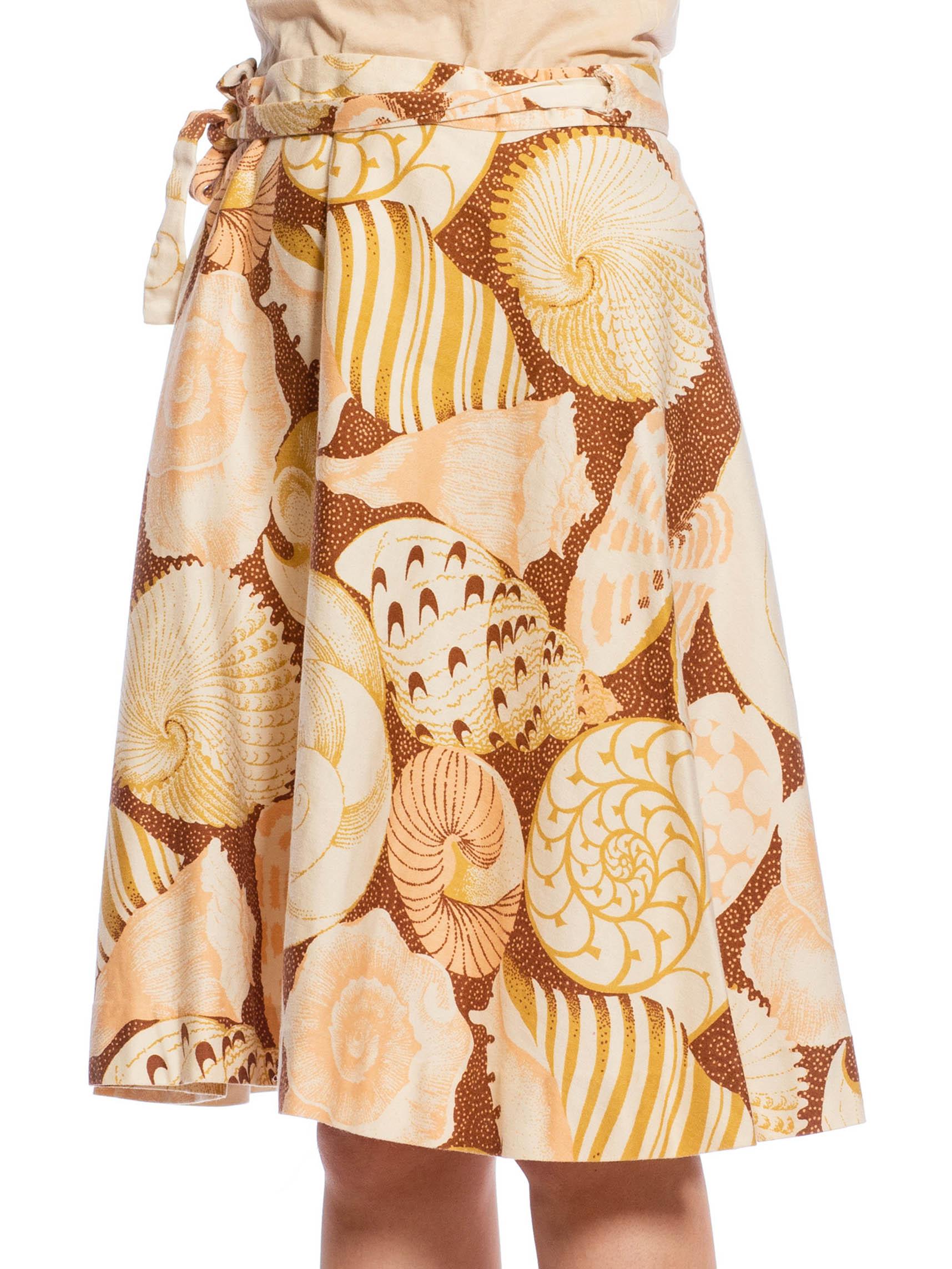 1970S Beige Cotton Seashell Printed Wrap Skirt For Sale 1