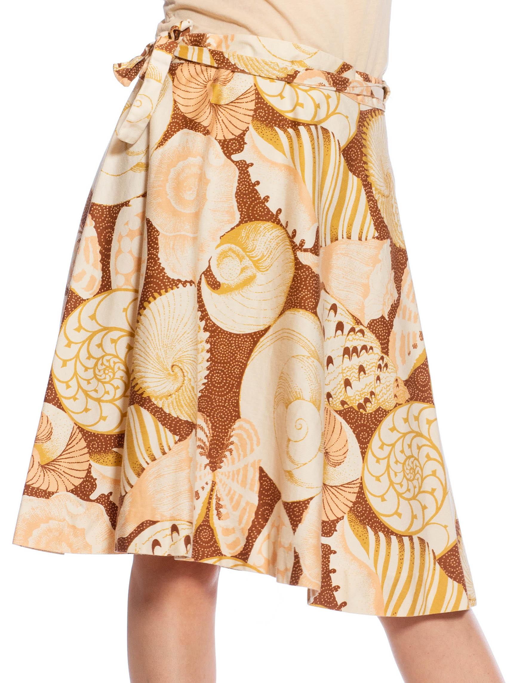 1970S Beige Cotton Seashell Printed Wrap Skirt For Sale 3
