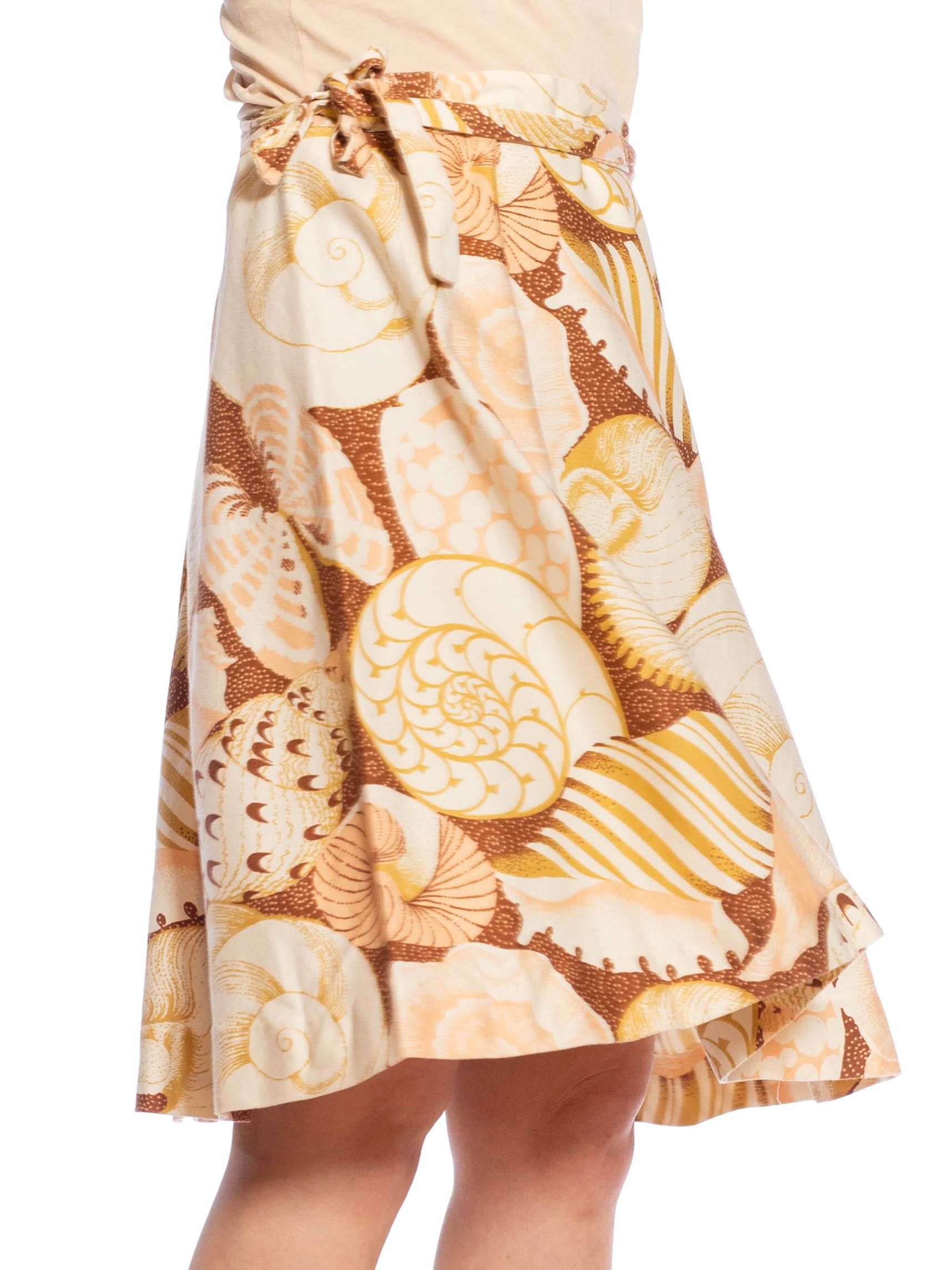 1970S Beige Cotton Seashell Printed Wrap Skirt For Sale 5