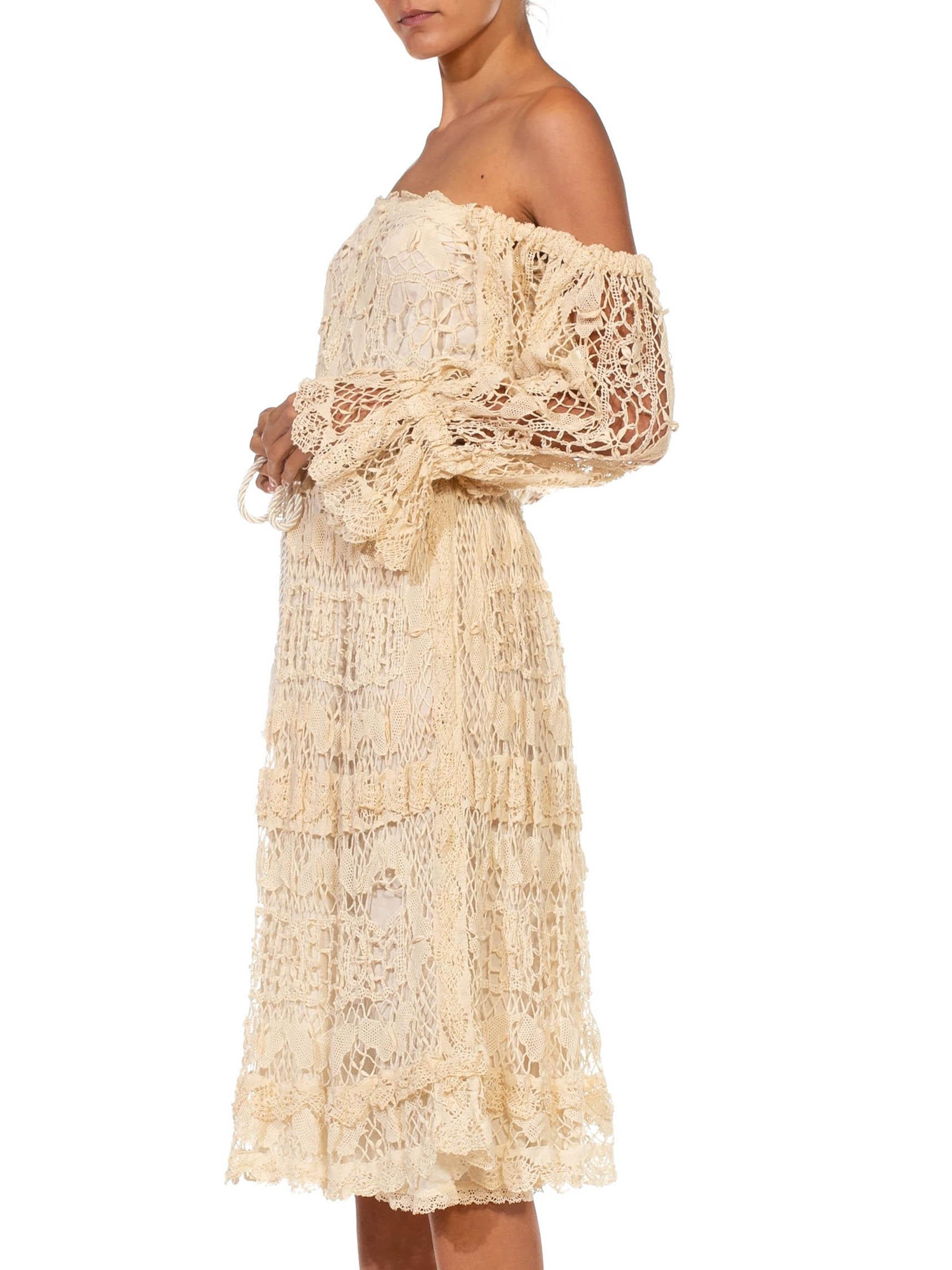 Women's 1970S Beige Hand Made Cotton Lace Dress With Cold Shoulder Sleeves For Sale