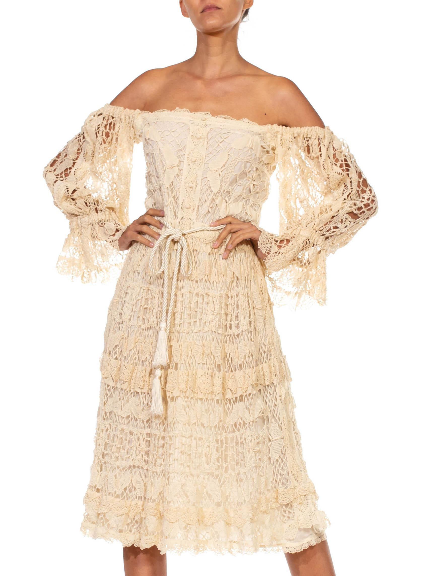 1970S Beige Hand Made Cotton Lace Dress With Cold Shoulder Sleeves For Sale 1