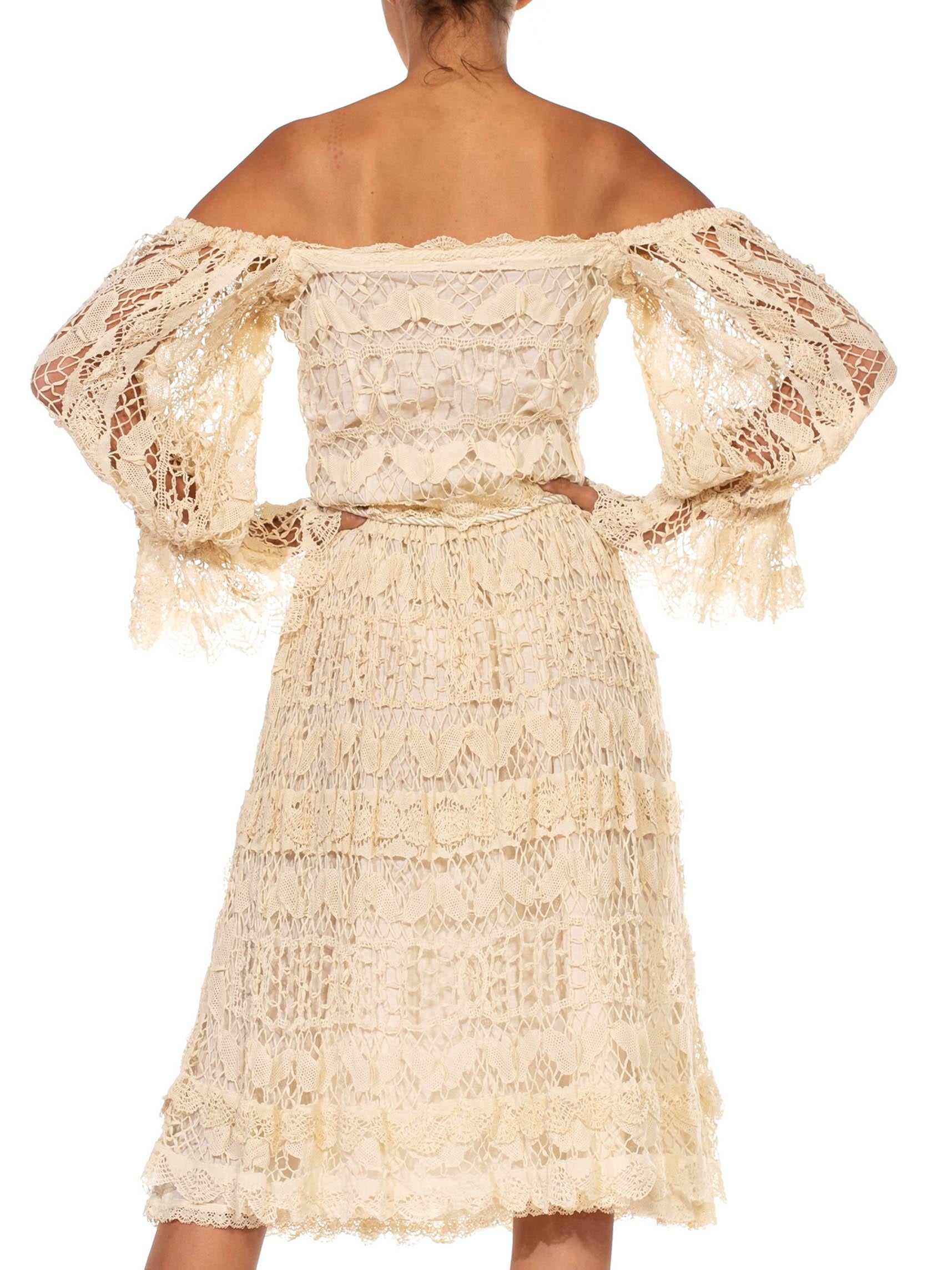 1970S Beige Hand Made Cotton Lace Dress With Cold Shoulder Sleeves For Sale 3