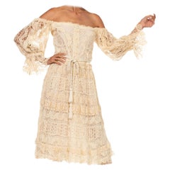 Vintage 1970S Beige Hand Made Cotton Lace Dress With Cold Shoulder Sleeves