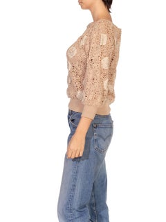 1970S Beige & Ivory Cotton Crochet Floral Knit Sweater