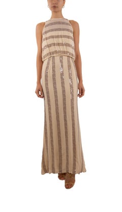 1970S Beige & Ivory Silk Blend Chiffon Sequin Striped Gown