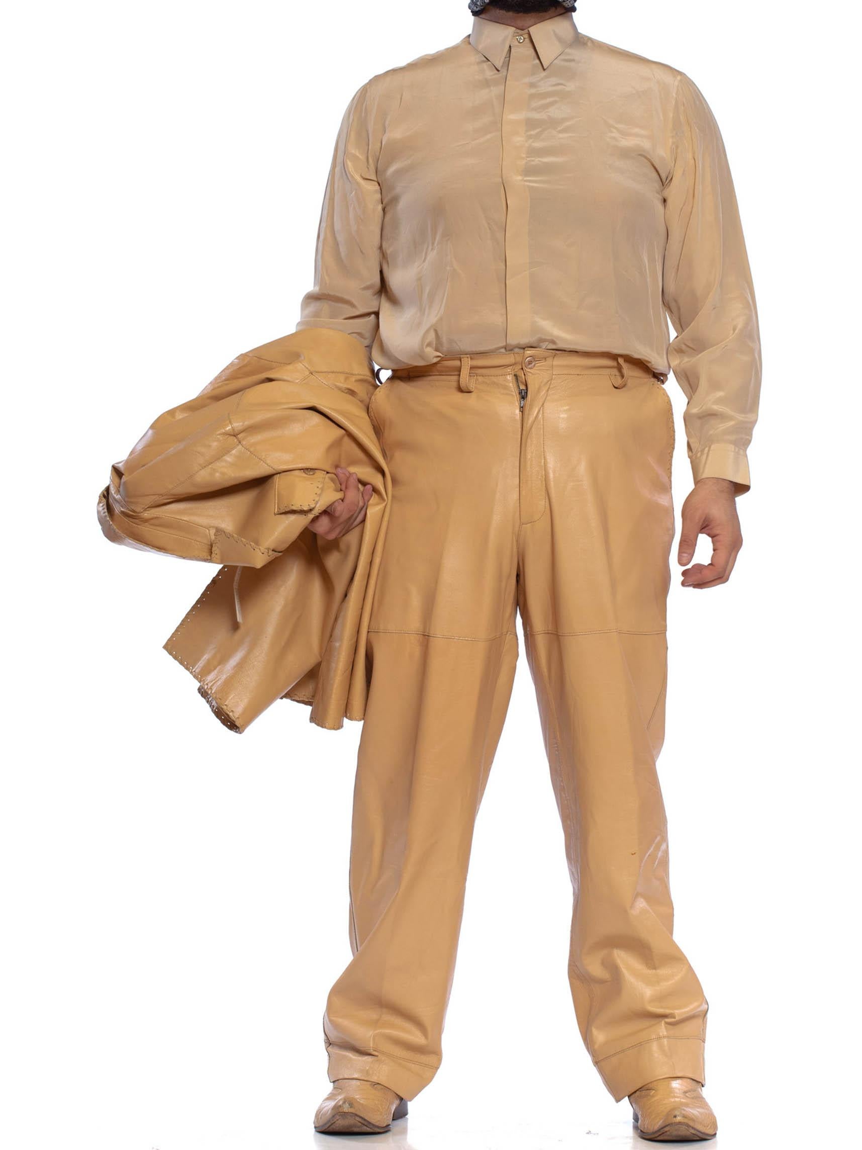 1970'S Beige Men's Leather Suit & Silk Shirt With Boots (Size 12) Set For Sale 5