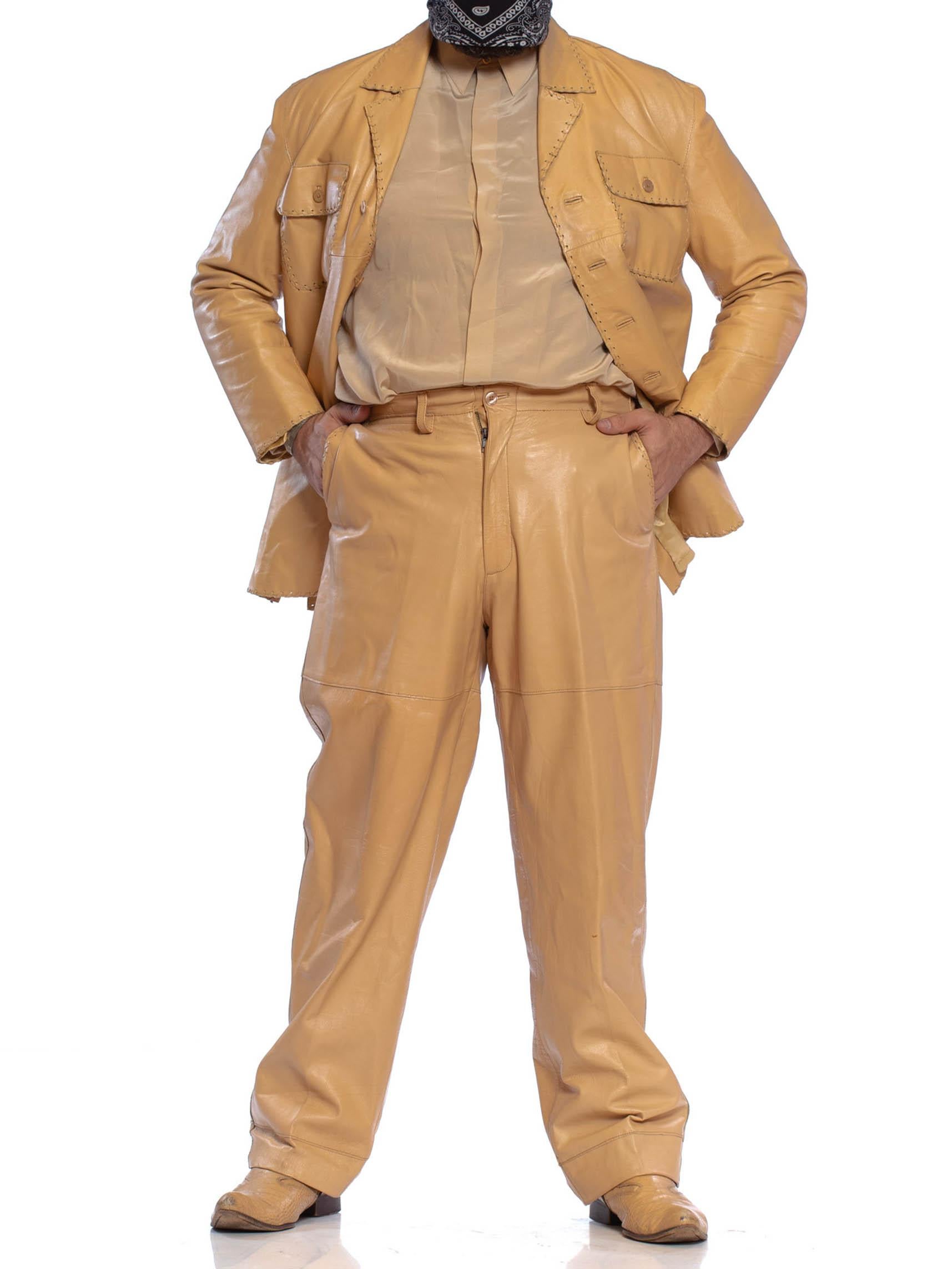 1970'S Beige Men's Leather Suit & Silk Shirt With Boots (Size 12) Set In Excellent Condition For Sale In New York, NY