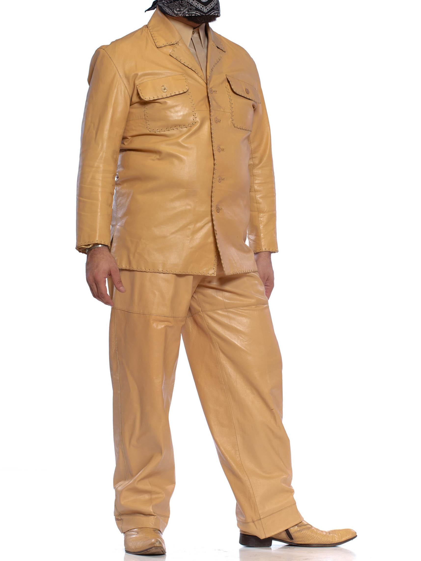 1970'S Beige Men's Leather Suit & Silk Shirt With Boots (Size 12) Set For Sale 2