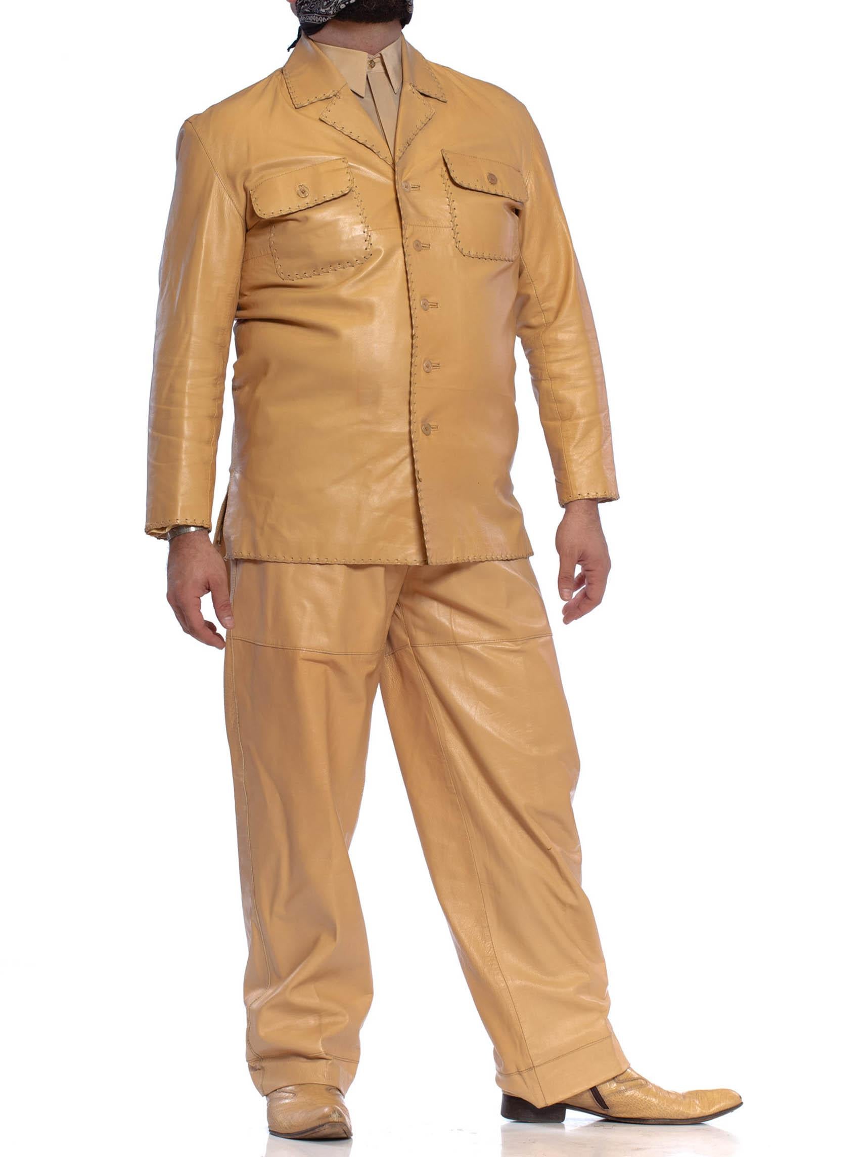 1970'S Beige Men's Leather Suit & Silk Shirt With Boots (Size 12) Set For Sale 3