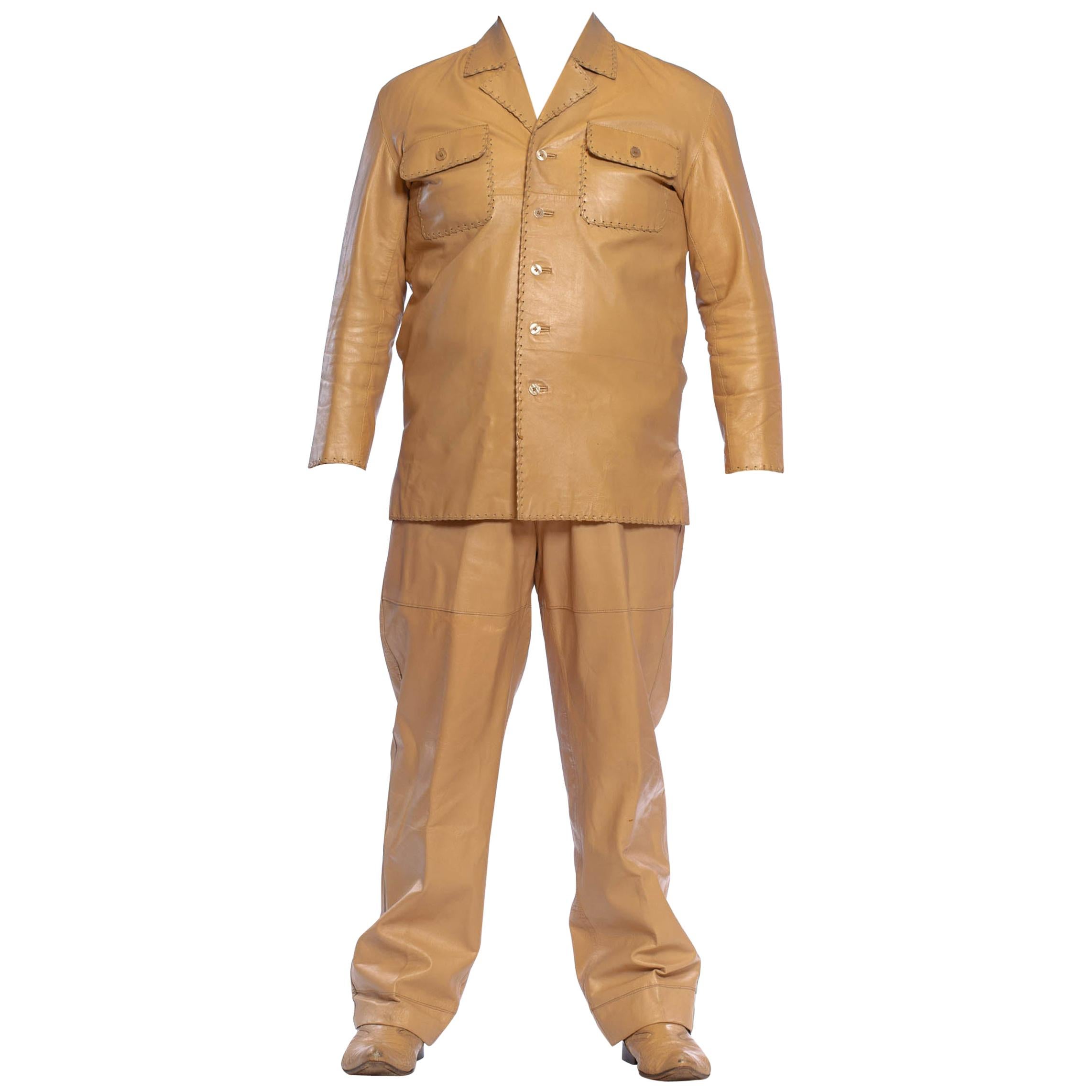 1970'S Beige Men's Leather Suit & Silk Shirt With Boots (Size 12) Set
