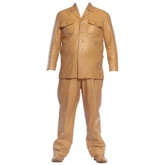 1970'S Beige Men's Leather Suit & Silk Shirt With Boots (Size 12) Set
