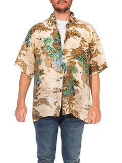 1970S Beige Silk Men's Tony Montana Style Hawaiian Shirt