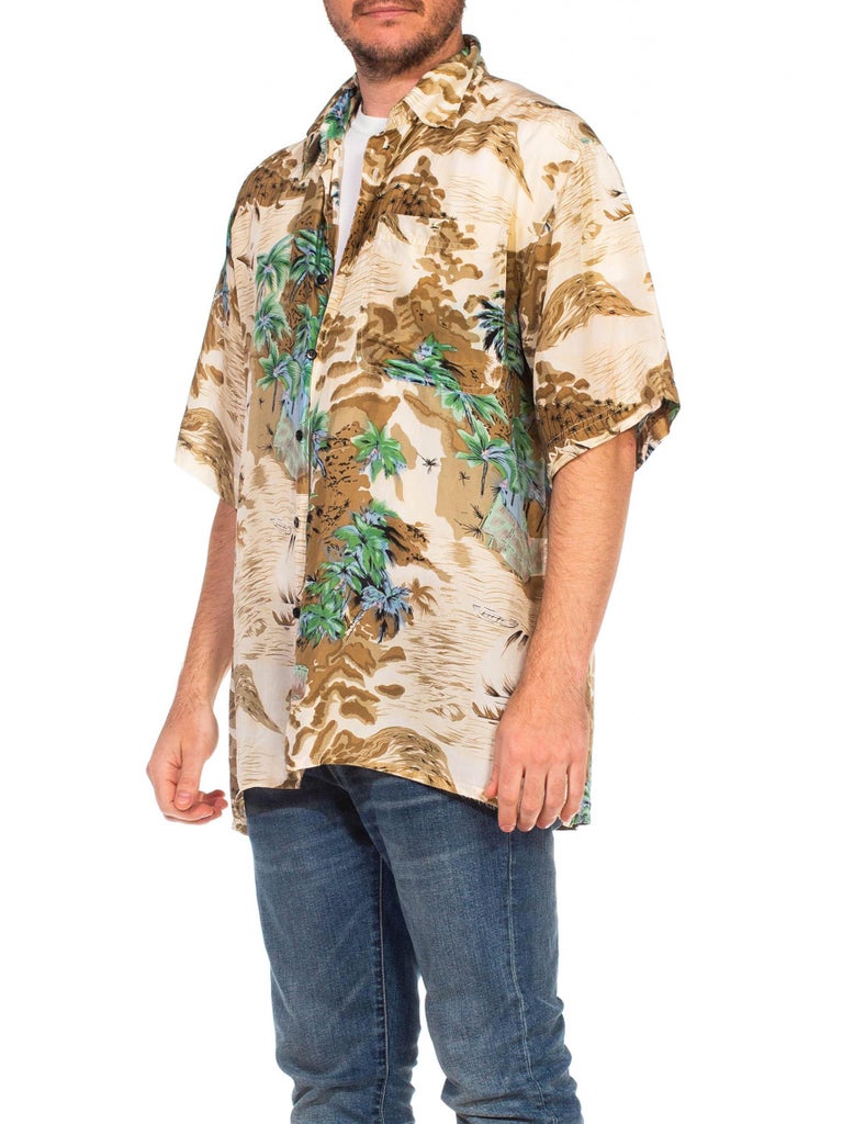 1970S Beige Silk Men's Tony Montana Style Hawaiian Shirt at