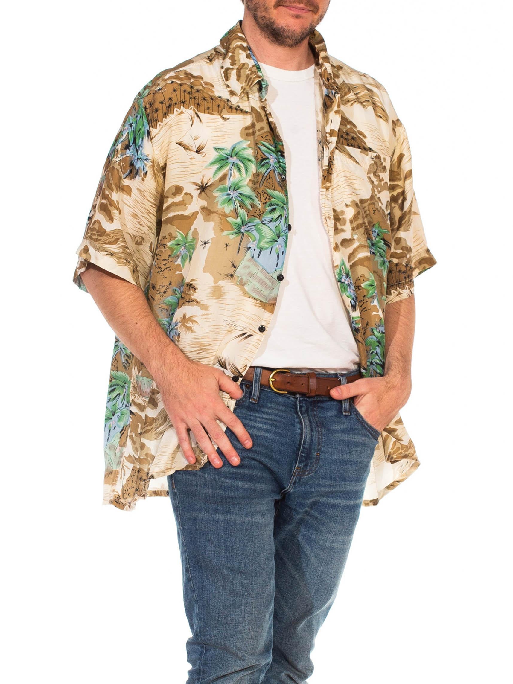 1970S Beige Silk Men's Tony Montana Style Hawaiian Shirt 1