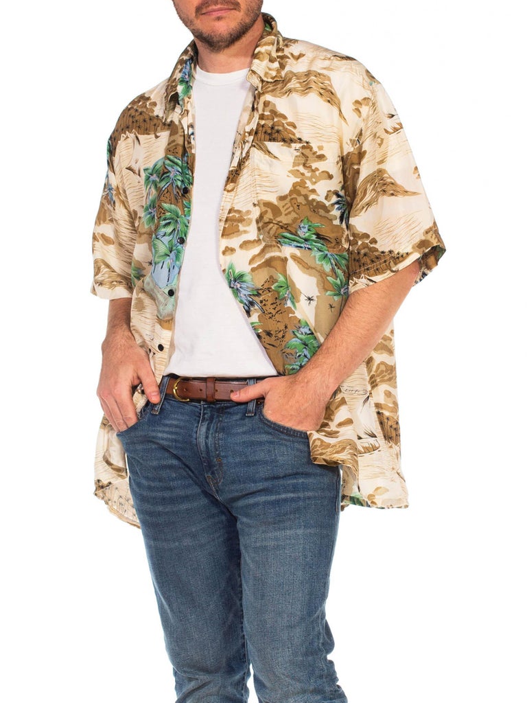 1970S Beige Silk Men's Tony Montana Style Hawaiian Shirt at