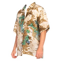 1970S Beige Silk Men's Tony Montana Style Hawaiian Shirt