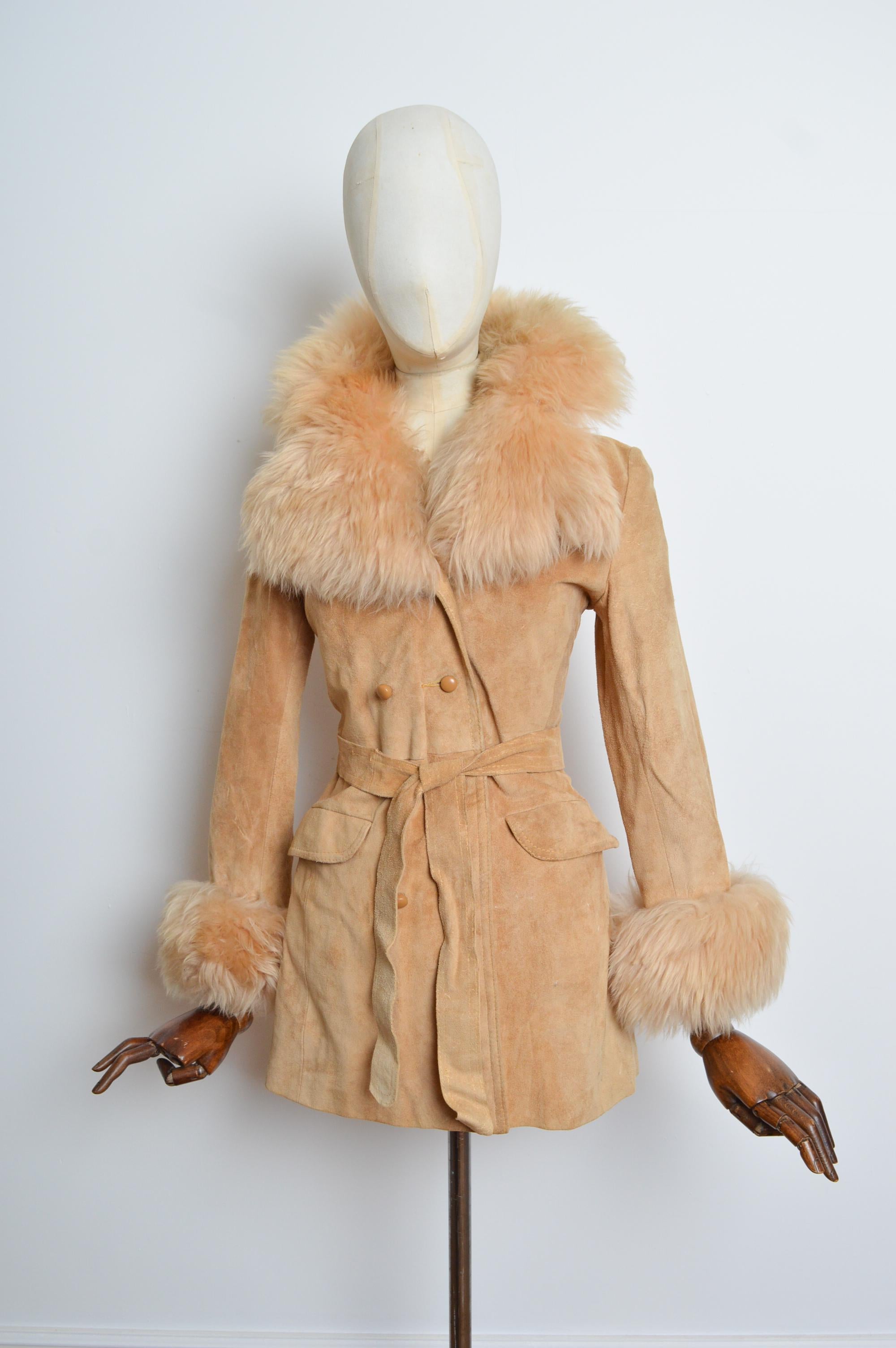 1970’s Beige Tan Suede Fluffy Collar & Cuffs Shearling Penny Lane Coat 9