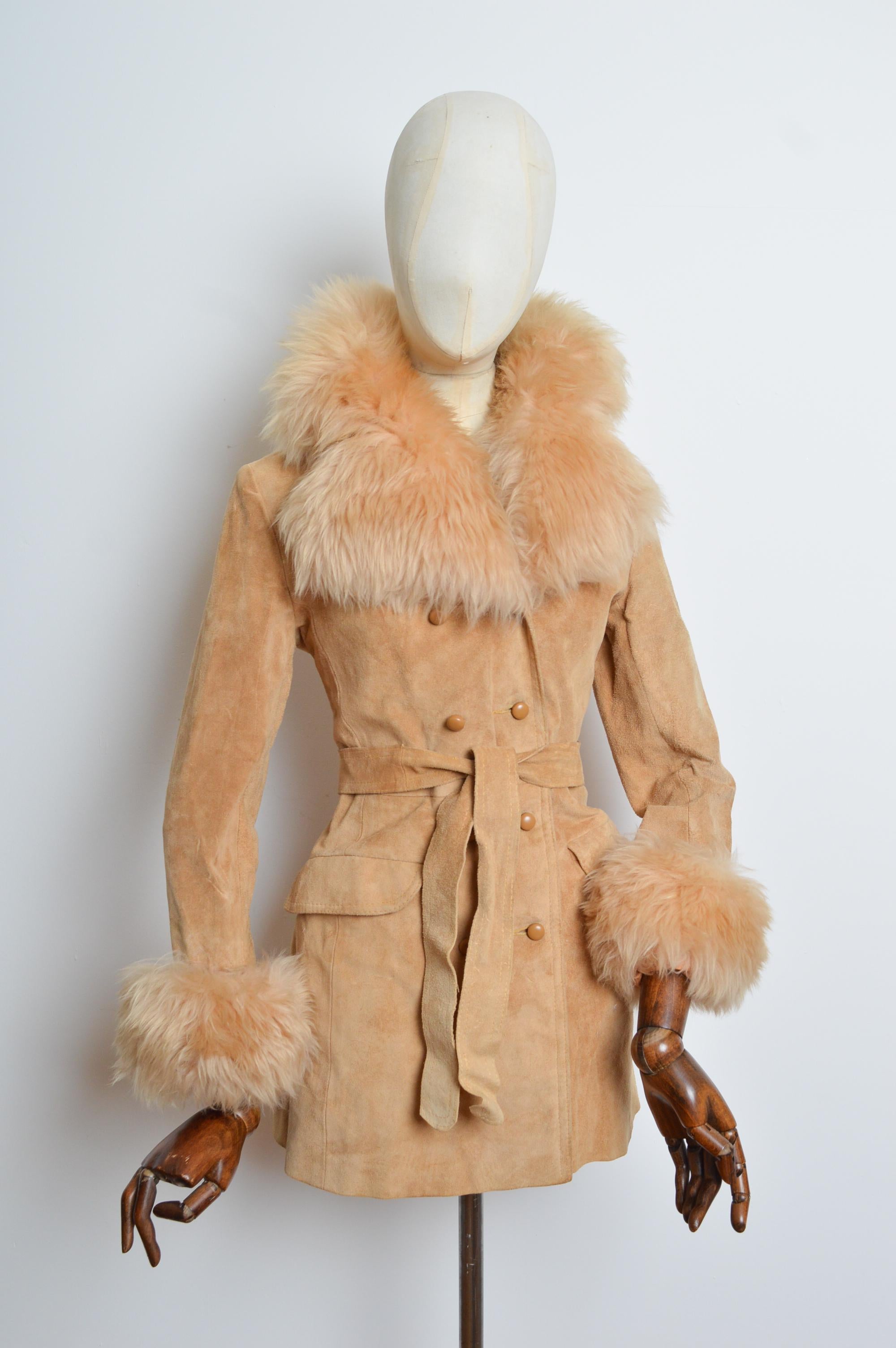 Women's 1970’s Beige Tan Suede Fluffy Collar & Cuffs Shearling Penny Lane Coat