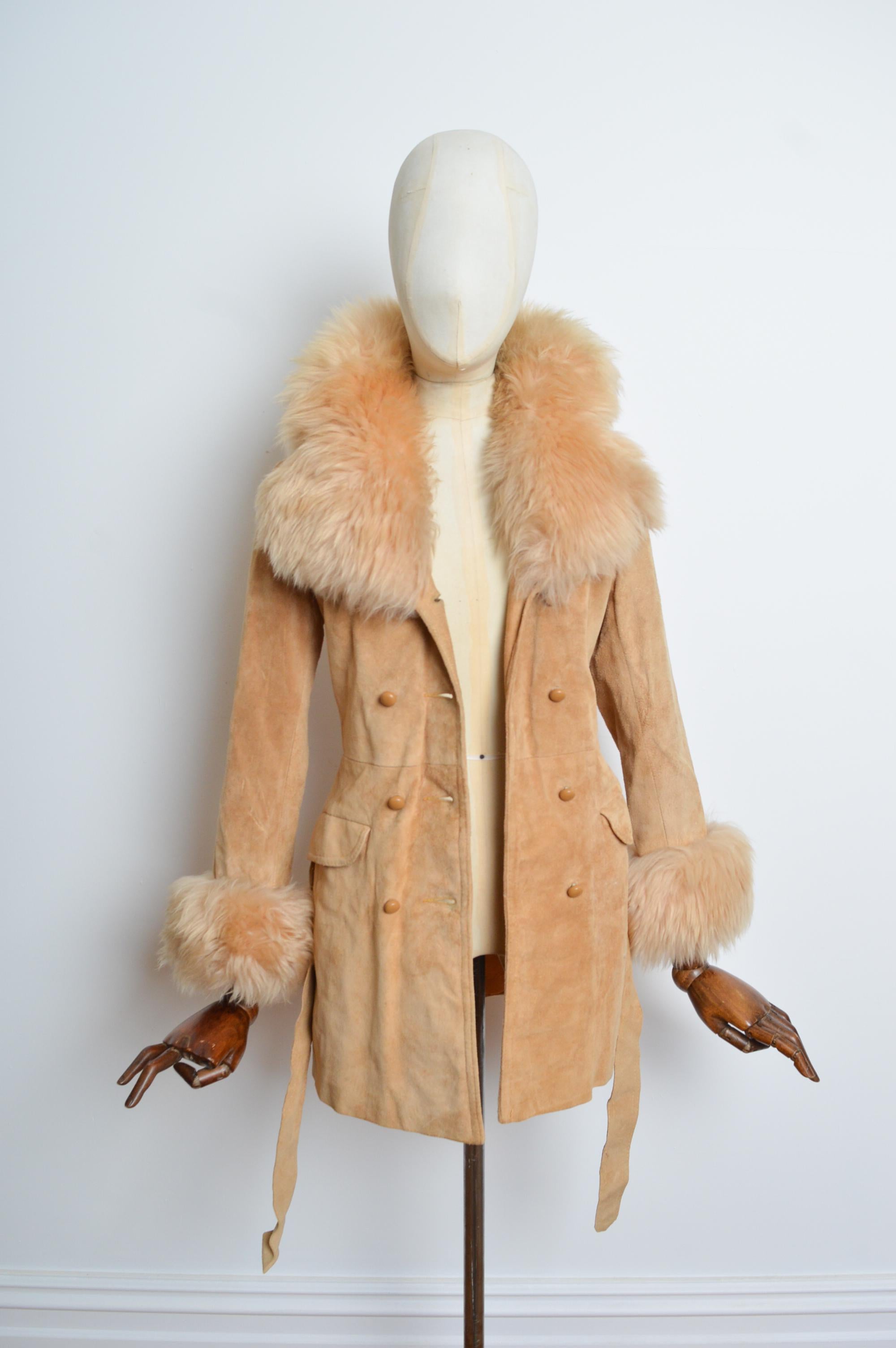 1970’s Beige Tan Suede Fluffy Collar & Cuffs Shearling Penny Lane Coat 3