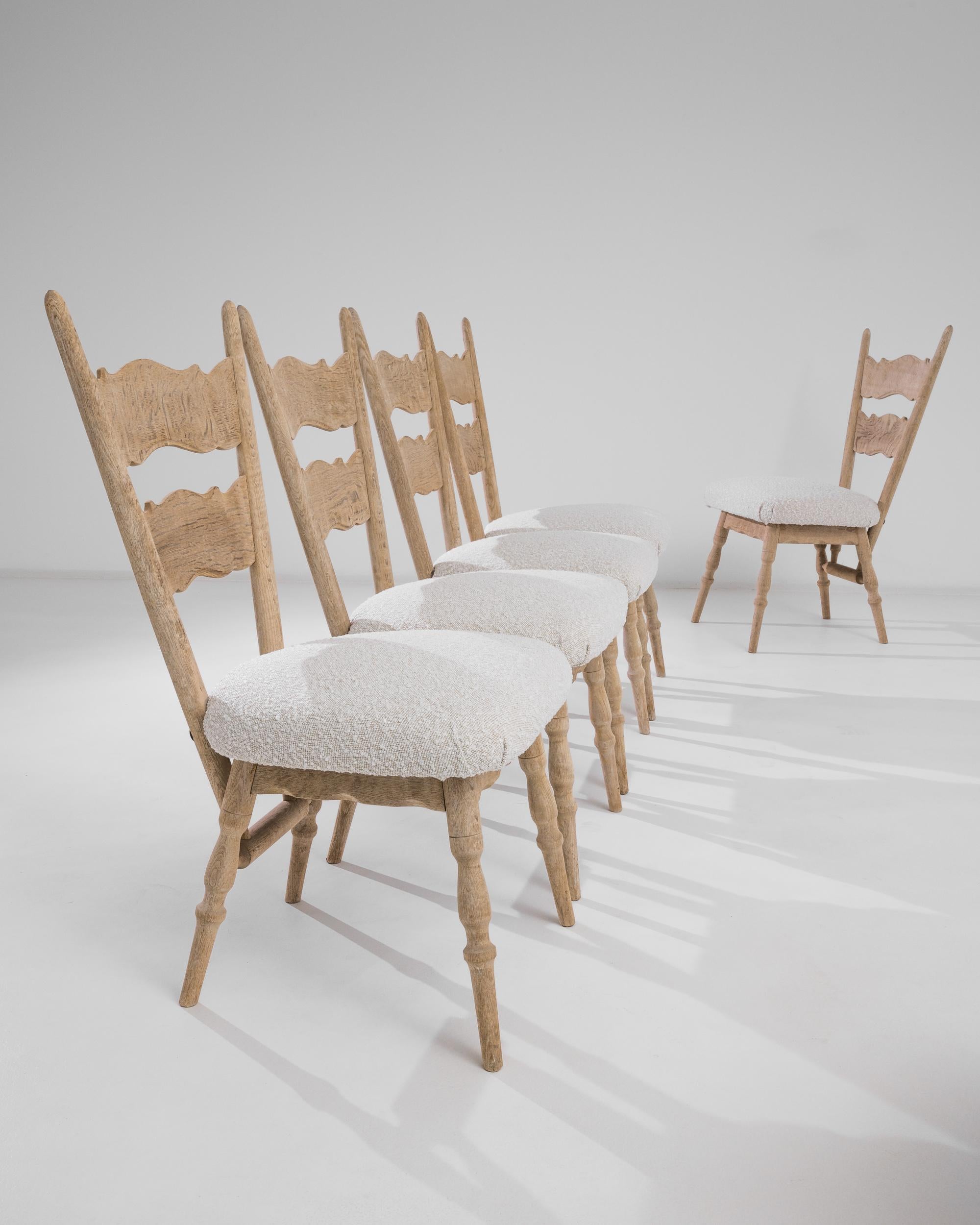 Country 1970s Belgian Bleached Oak Bouclé Dining Chairs, Set of Six