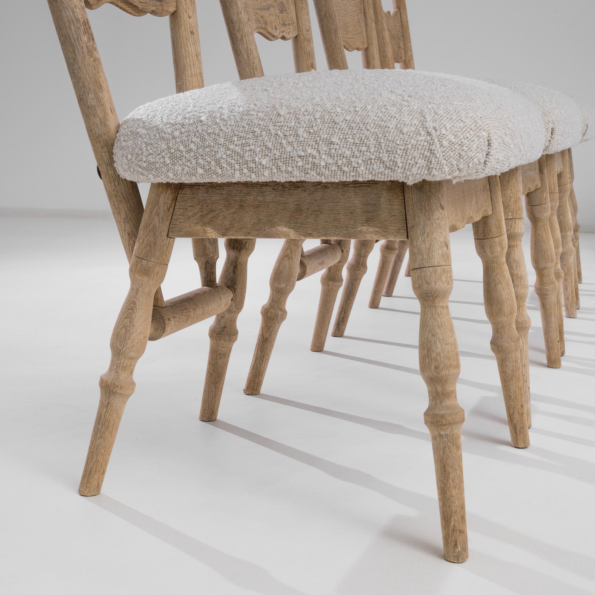 Late 20th Century 1970s Belgian Bleached Oak Bouclé Dining Chairs, Set of Six