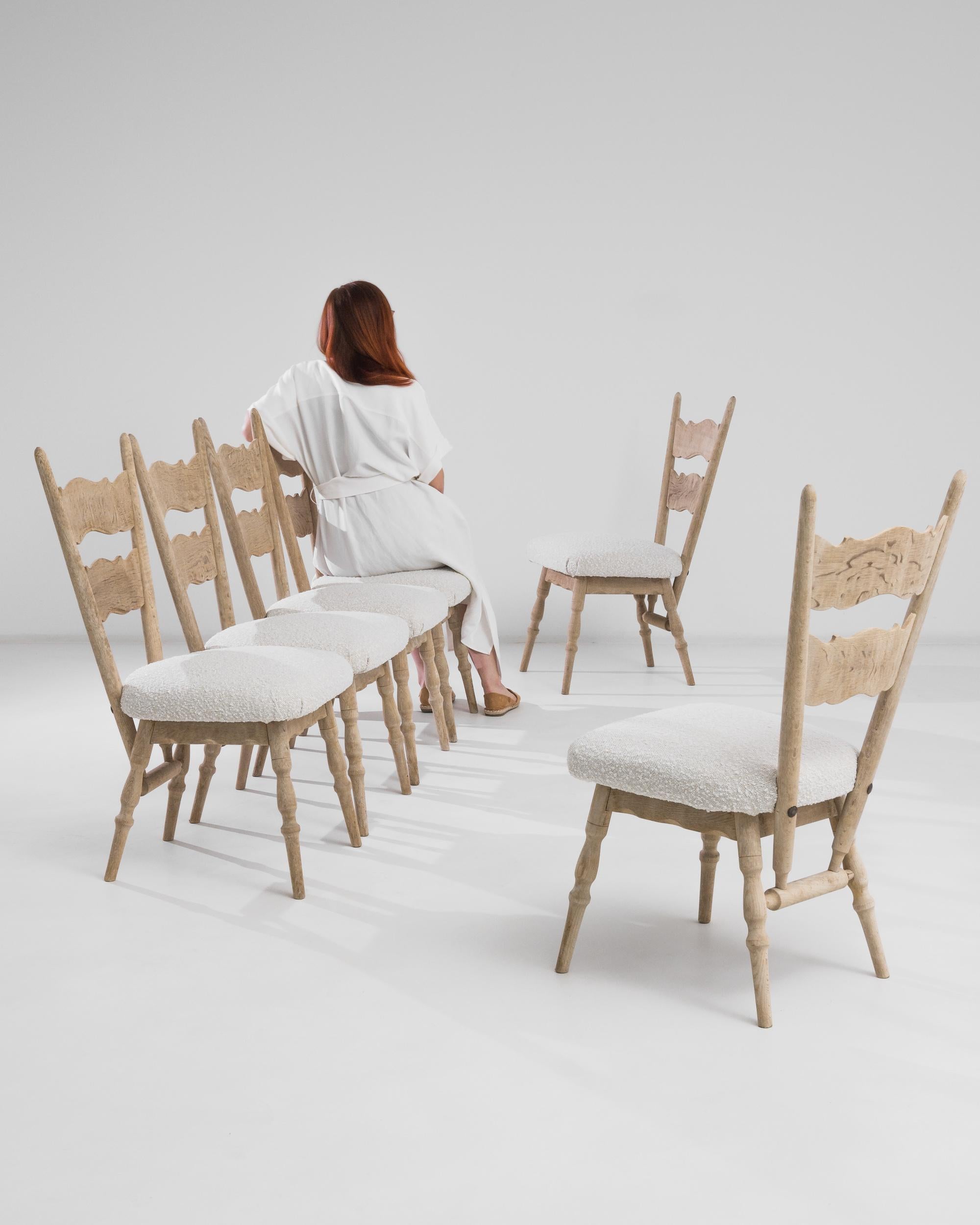 Fabric 1970s Belgian Bleached Oak Bouclé Dining Chairs, Set of Six