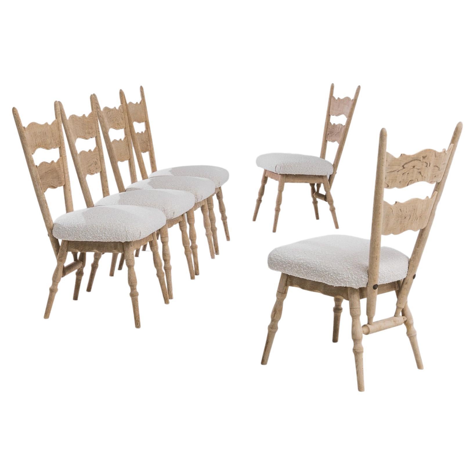 1970s Belgian Bleached Oak Bouclé Dining Chairs, Set of Six