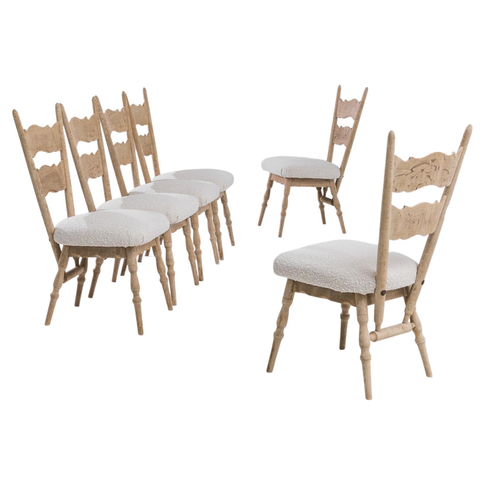 1970s Belgian Bleached Oak Bouclé Dining Chairs, Set of Six