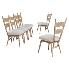 1970s, Belgian Bleached Oak Bouclé Dining Chairs, Set of Six