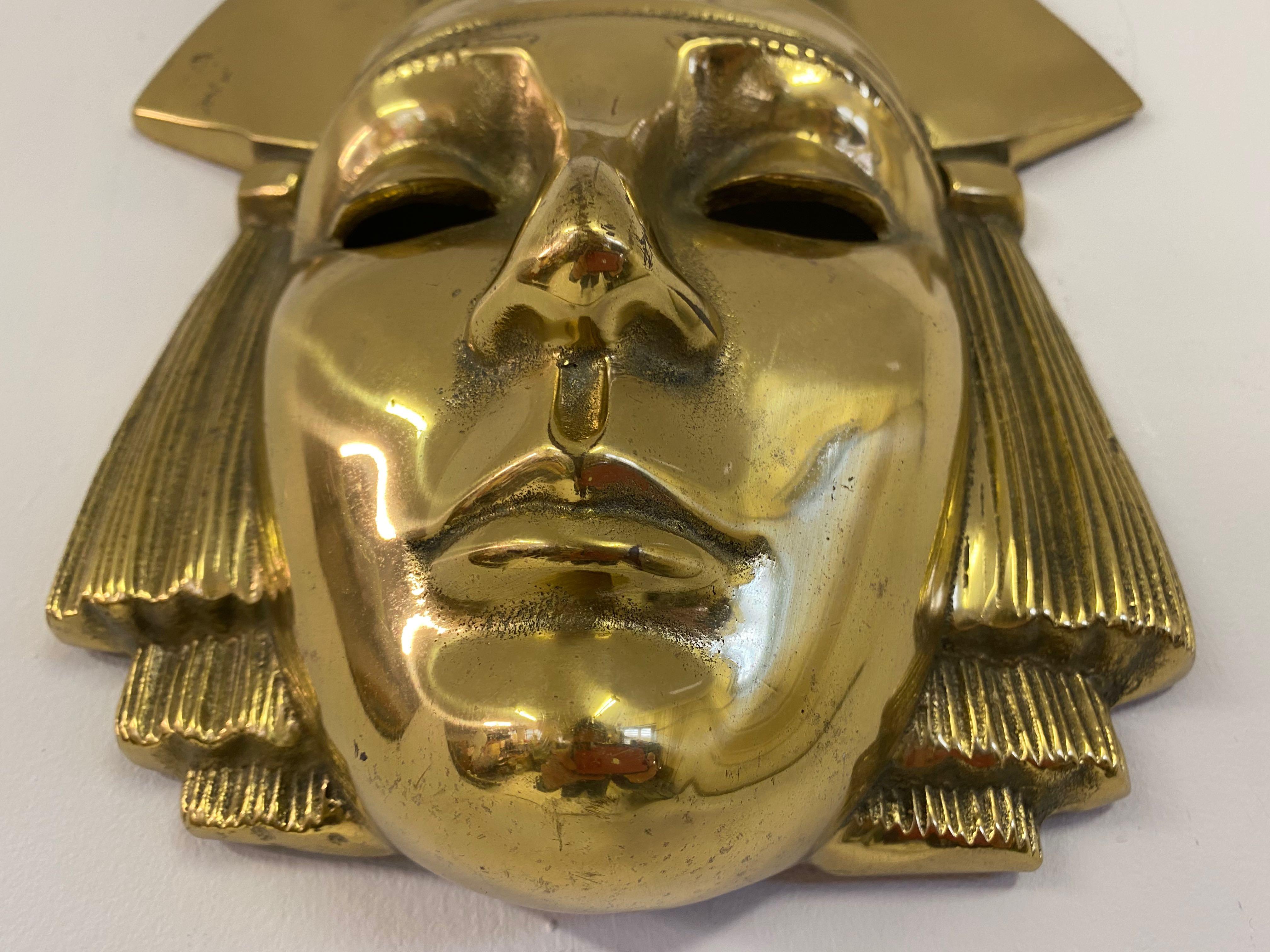 1970s Belgian Brass Hanging Pharaoh Face Plaque In Good Condition For Sale In London, London