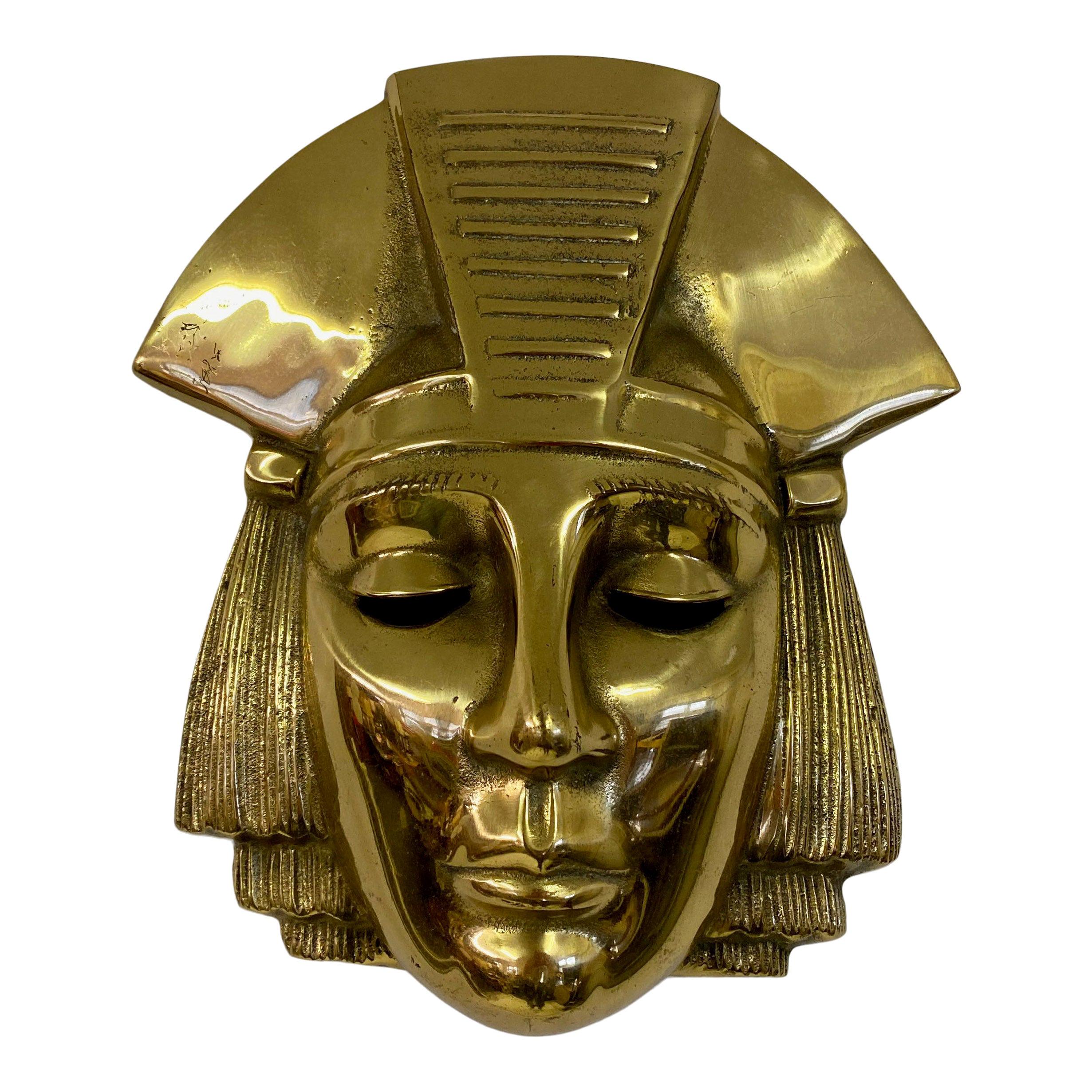 1970s Belgian Brass Hanging Pharaoh Face Plaque For Sale