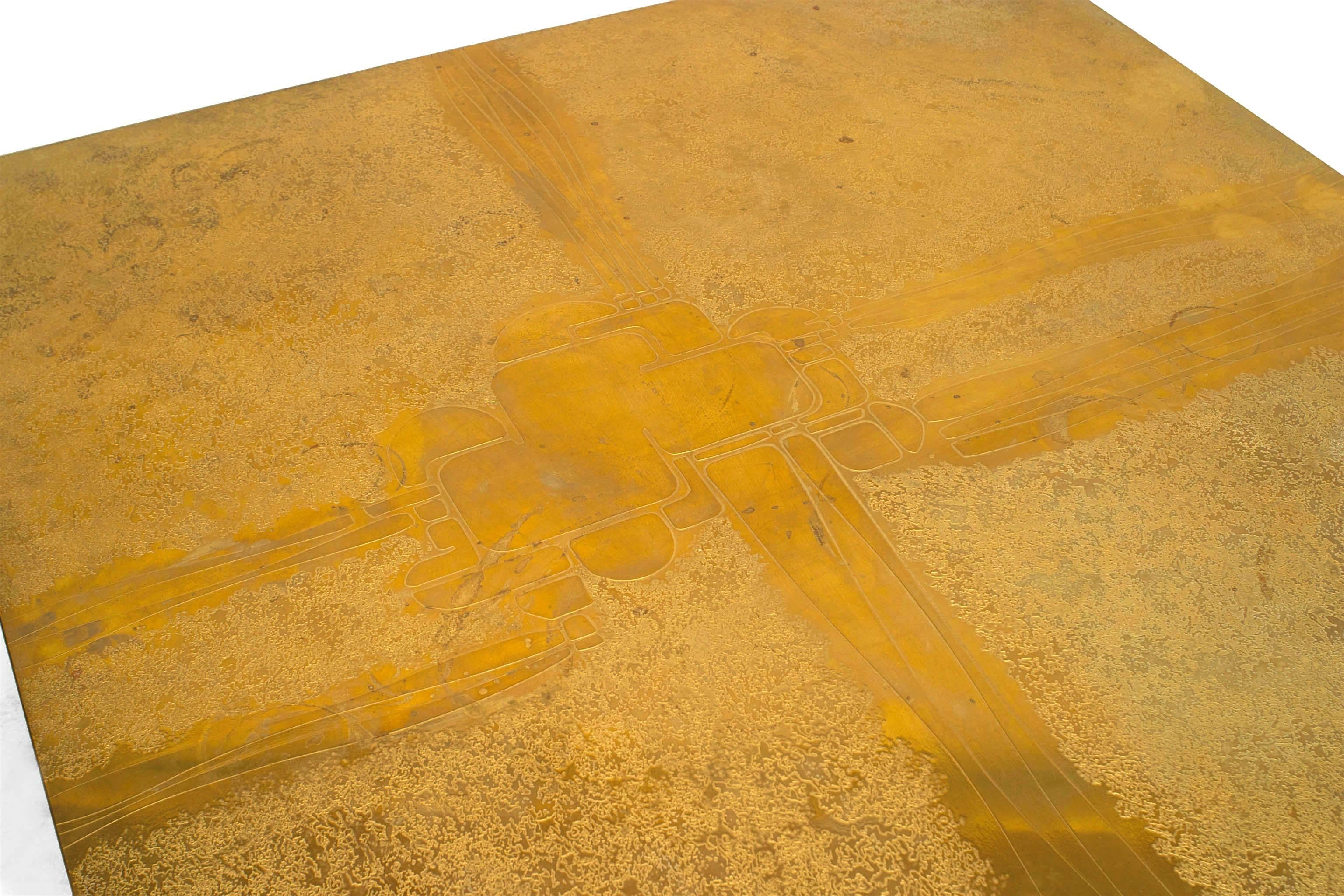 Mid-Century Modern George Mathias Belgian Modern Square Etched Brass Coffee Table For Sale
