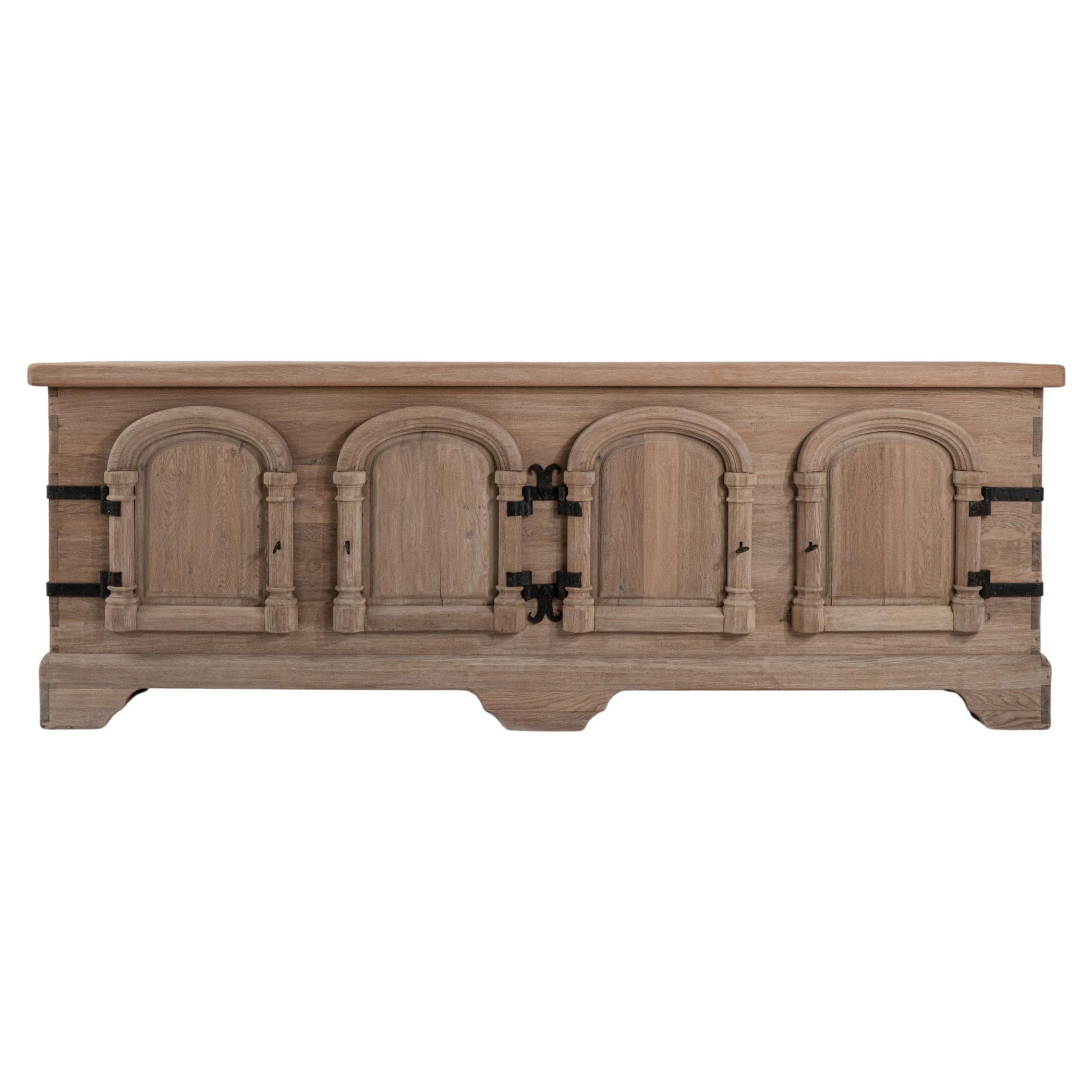 1970s Belgian Oak 4-Door Buffet With Carved Panel Doors And Iron Hardware For Sale