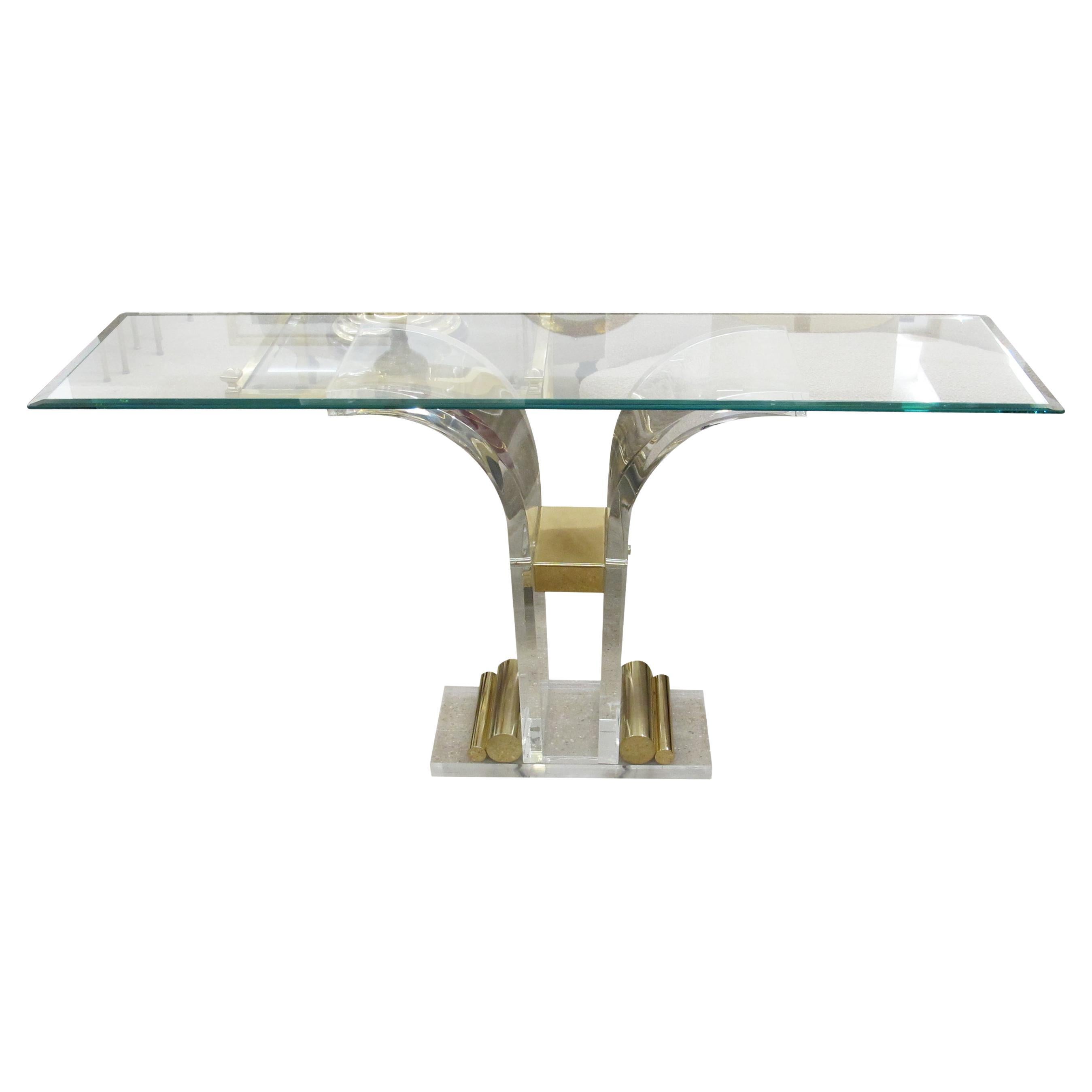 Tavolo consolle in perspex/lucido belga degli anni '70 con piano in vetro smussato