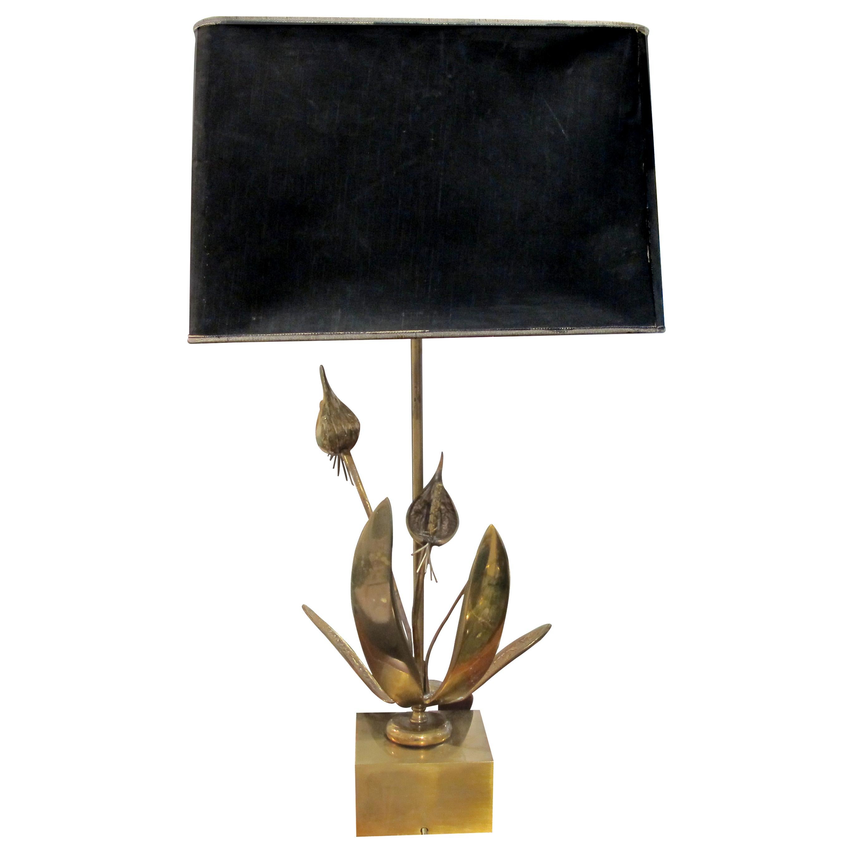 Mid-Century Modern 1970s Belgian Solid Bronze Floral Table Lamp Sculpture Willy Daro Style