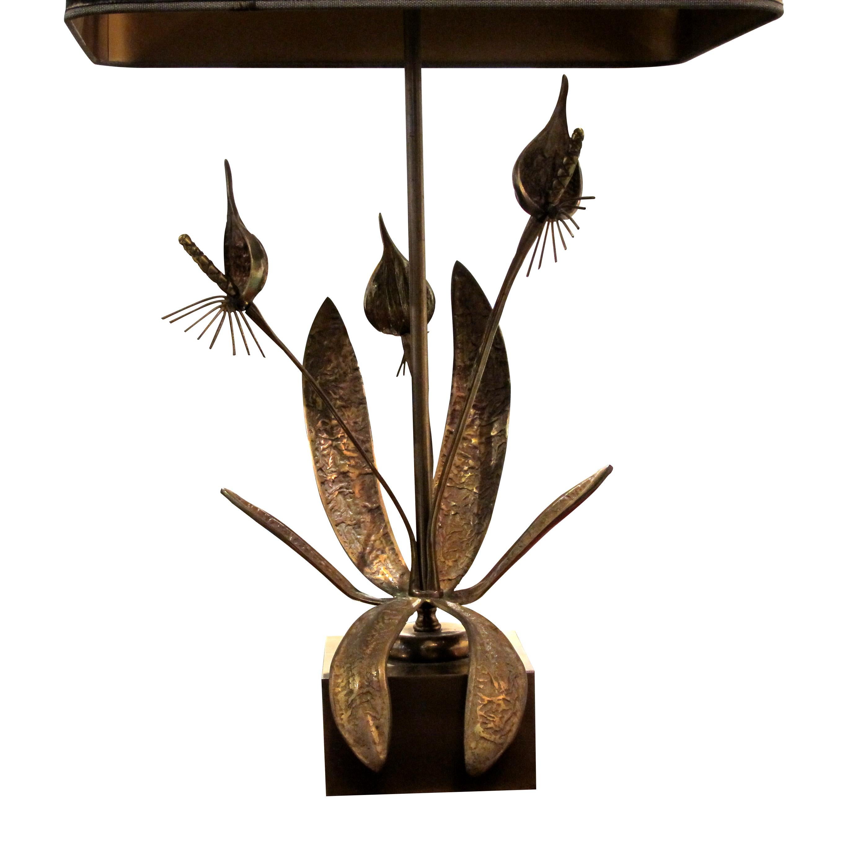 Late 20th Century 1970s Belgian Solid Bronze Floral Table Lamp Sculpture Willy Daro Style