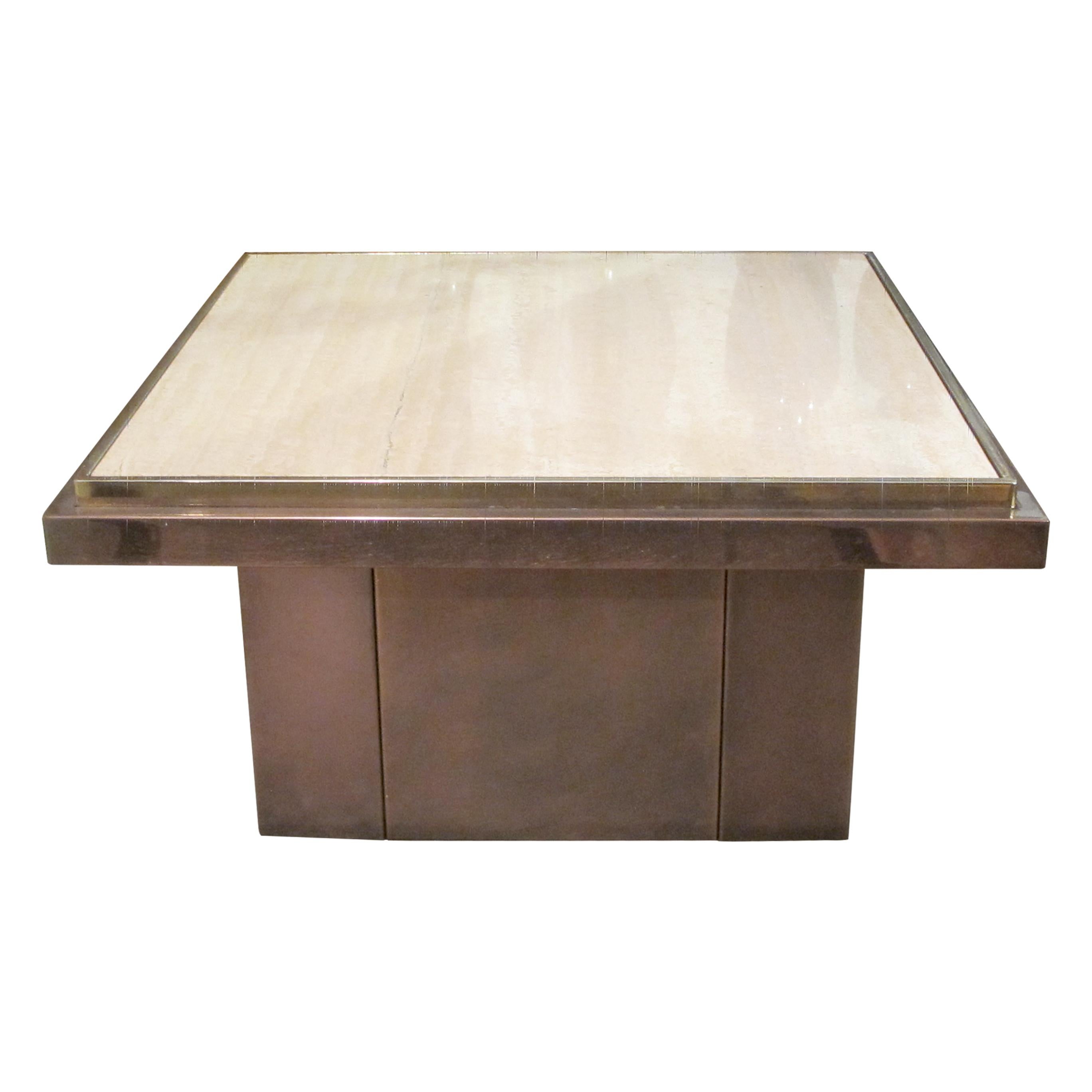 Galvanisé Table d'appoint carrée belge des années 1970 en travertin par Belgo Chrome en vente