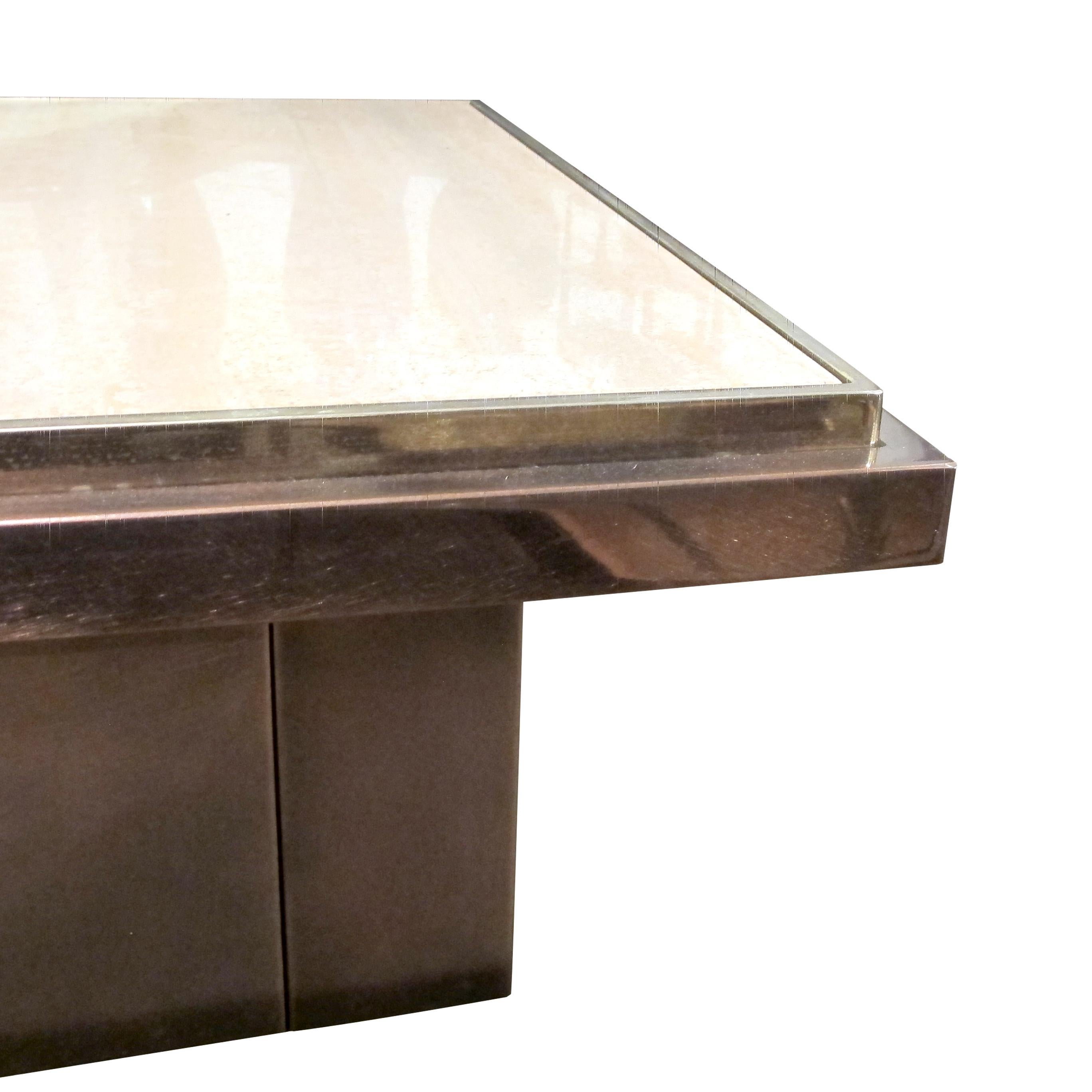 Métal Table d'appoint carrée belge des années 1970 en travertin par Belgo Chrome en vente