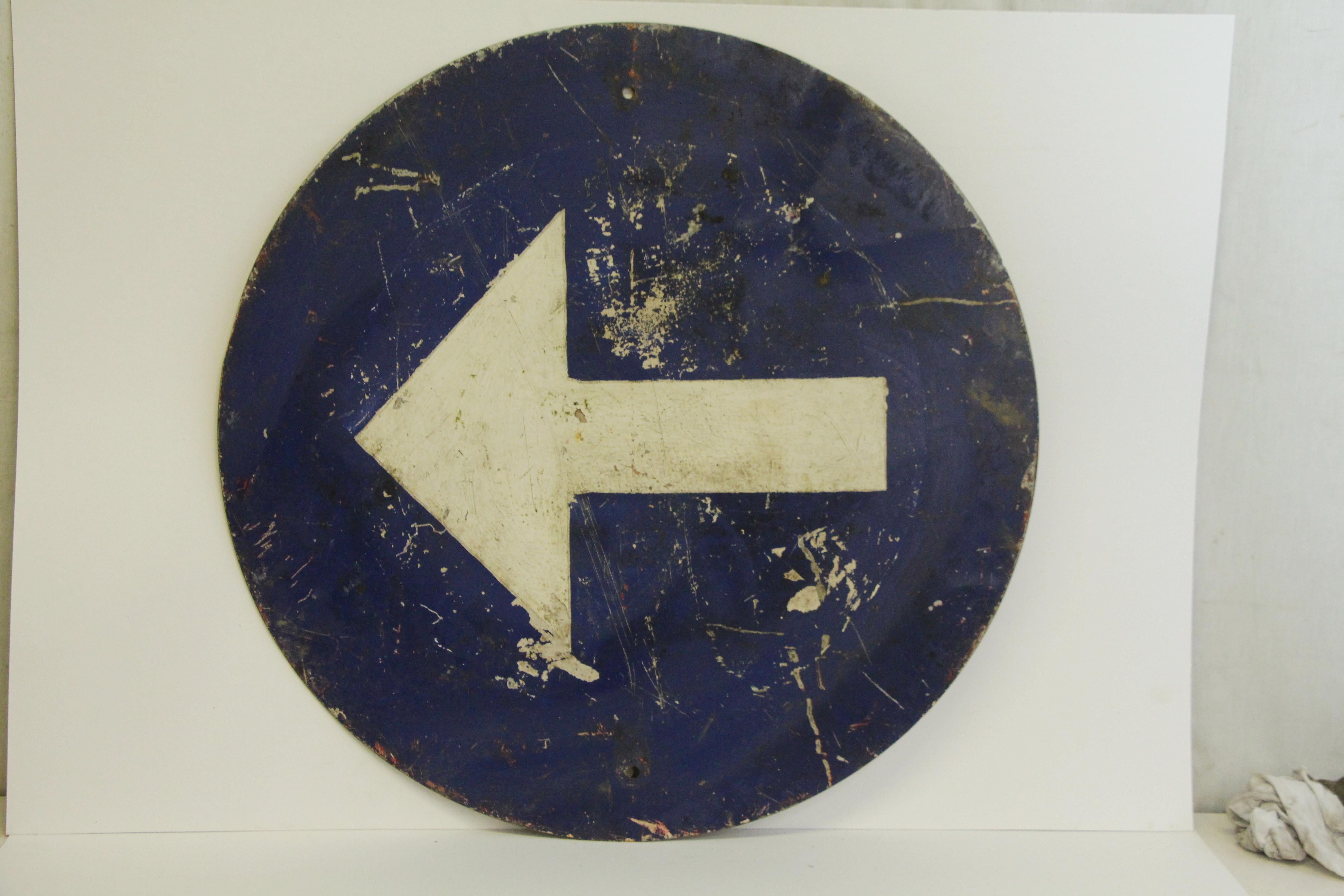 Belgian 1970s Belgium Blue and White Arrow Direction Road or Street Sign
