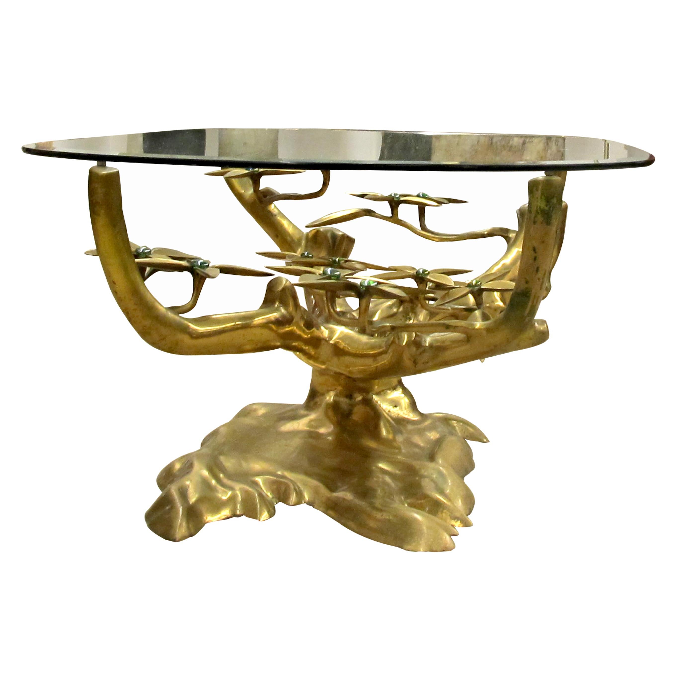 Hollywood Regency 1970s Belgium “Bonsai” Brass Coffee Table with Green Beads by artist Willy Daro 