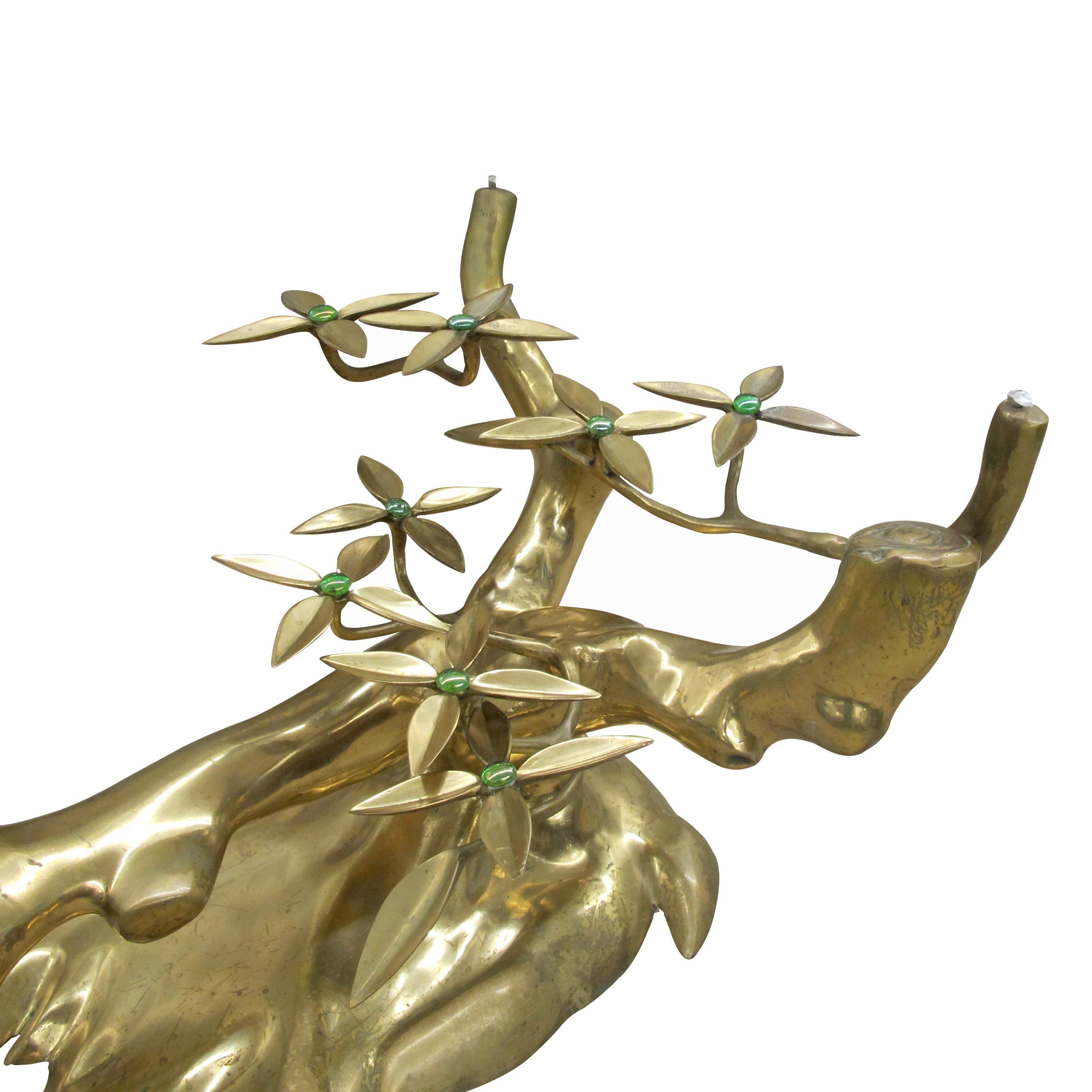 Polished 1970s Belgium “Bonsai” Brass Coffee Table with Green Beads by artist Willy Daro 