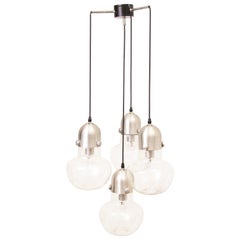 1970s Belgium Brushed Chrome Clear Glass Bulbous Cascading Shade Hanging Light