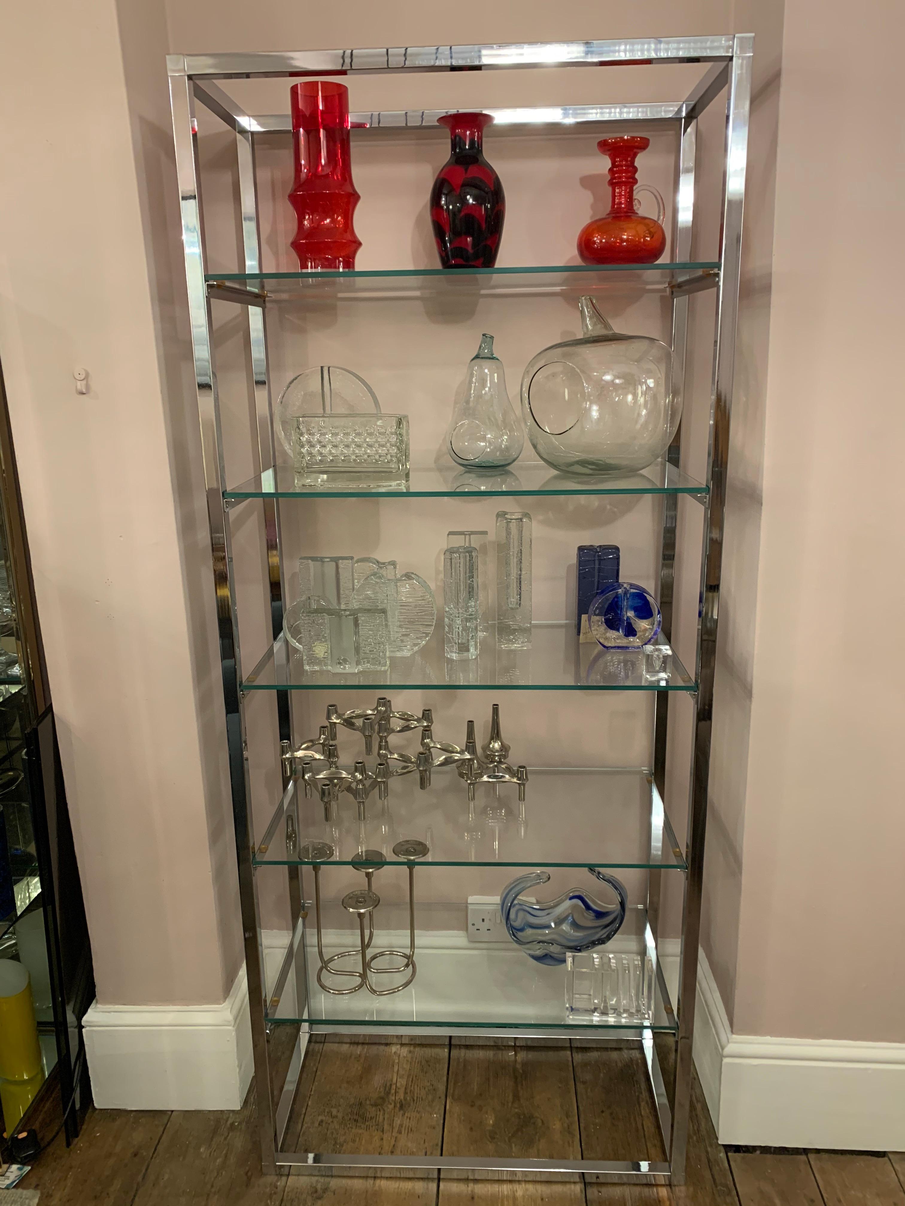 Rubber 1970s Belgium Chrome and Thick Clear Glass Shelving Unite or Étagère
