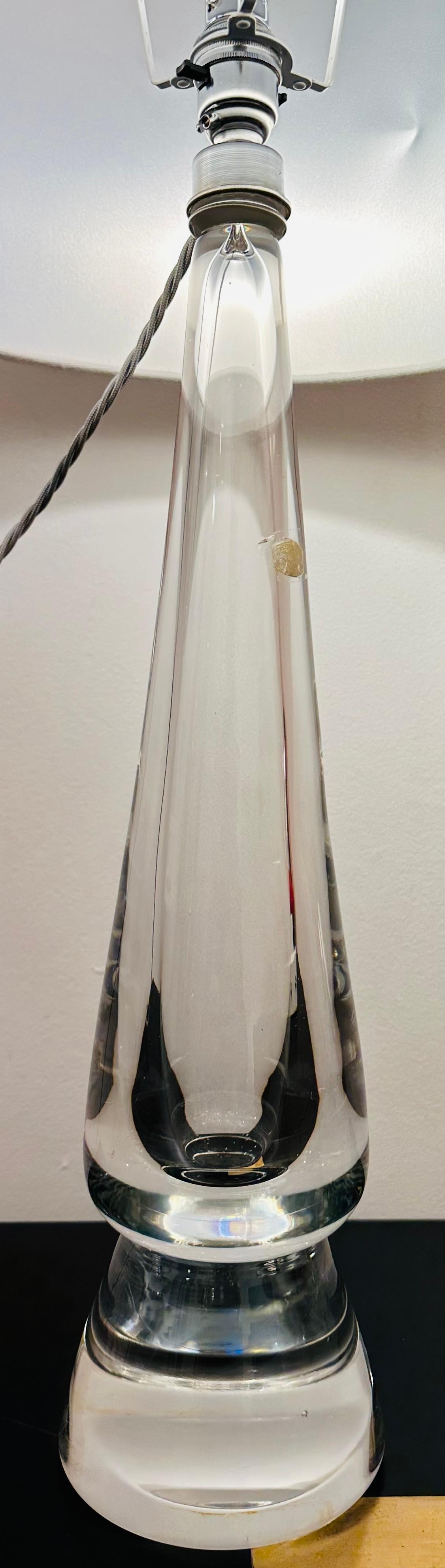 Chrome 1970s Belgium Clear Solid Glass Conical Table Lamp attributed to Val St Lambert