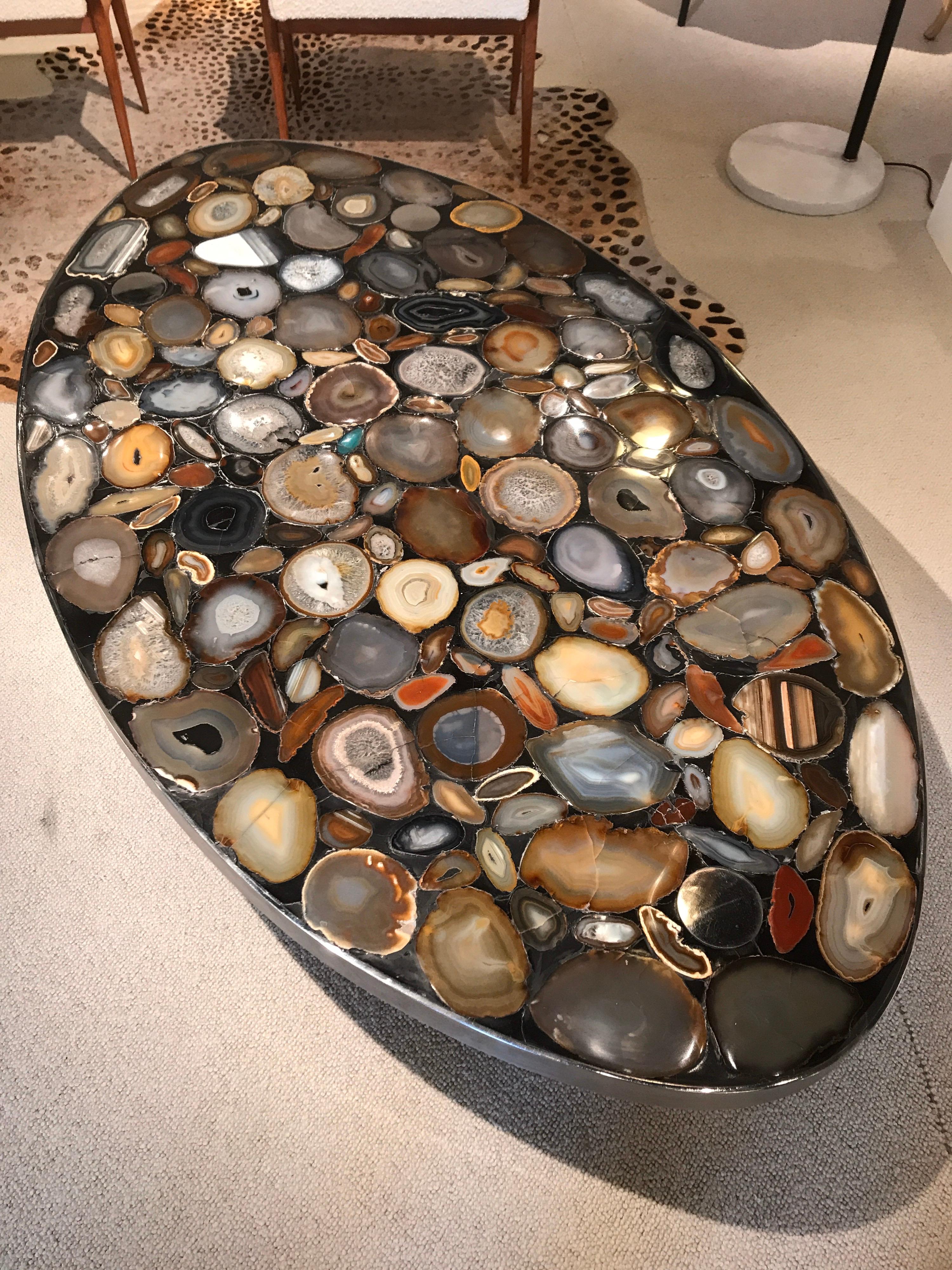 Mid-Century Modern 1970s Belgium Coffee Table with Agates Inlay