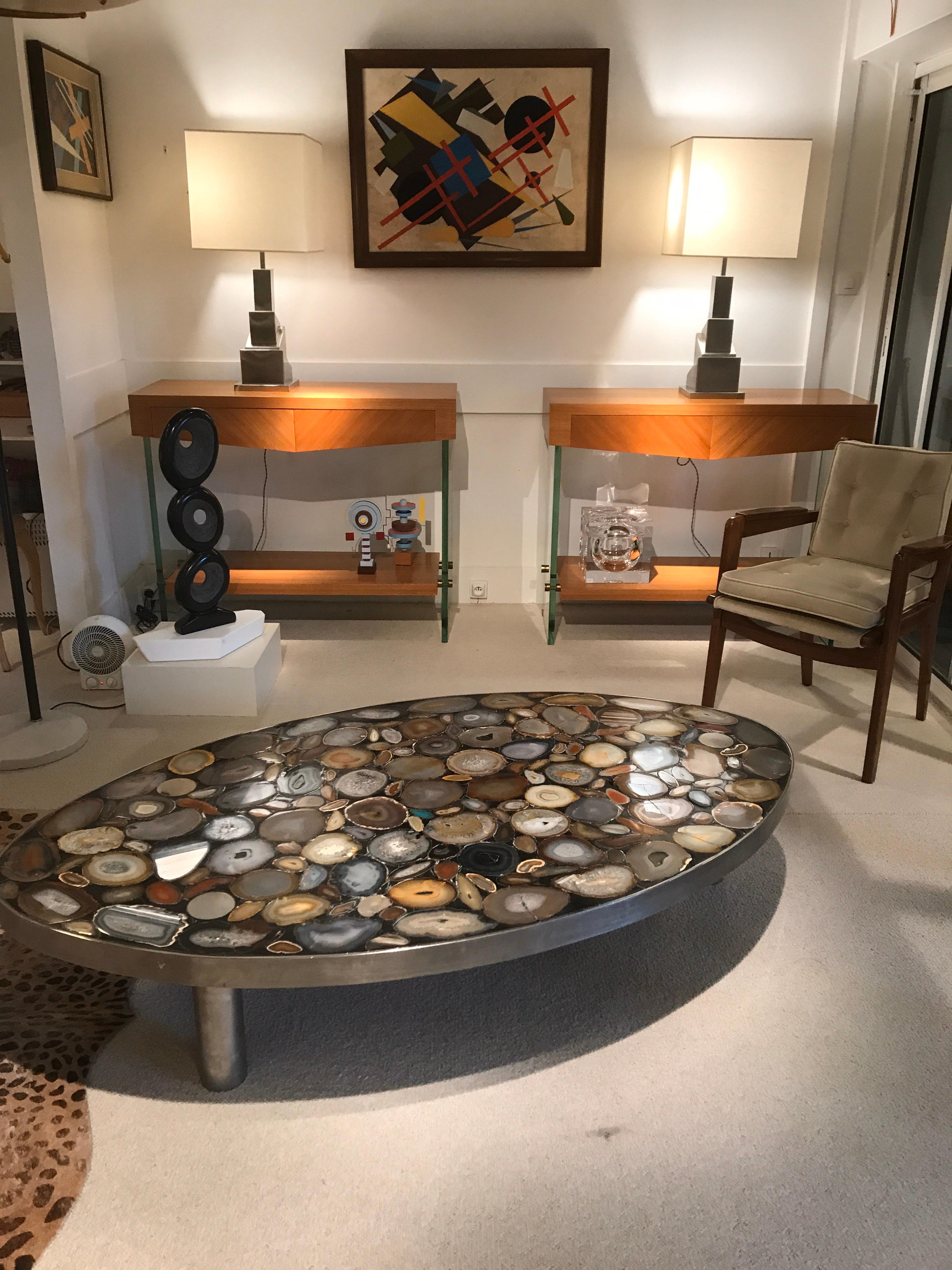 Steel 1970s Belgium Coffee Table with Agates Inlay
