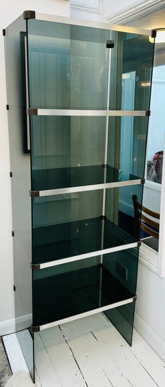 1970er Belgien Grün/Blaues Glas Chrom Regal Vitrine Einheit Belgo Chrome