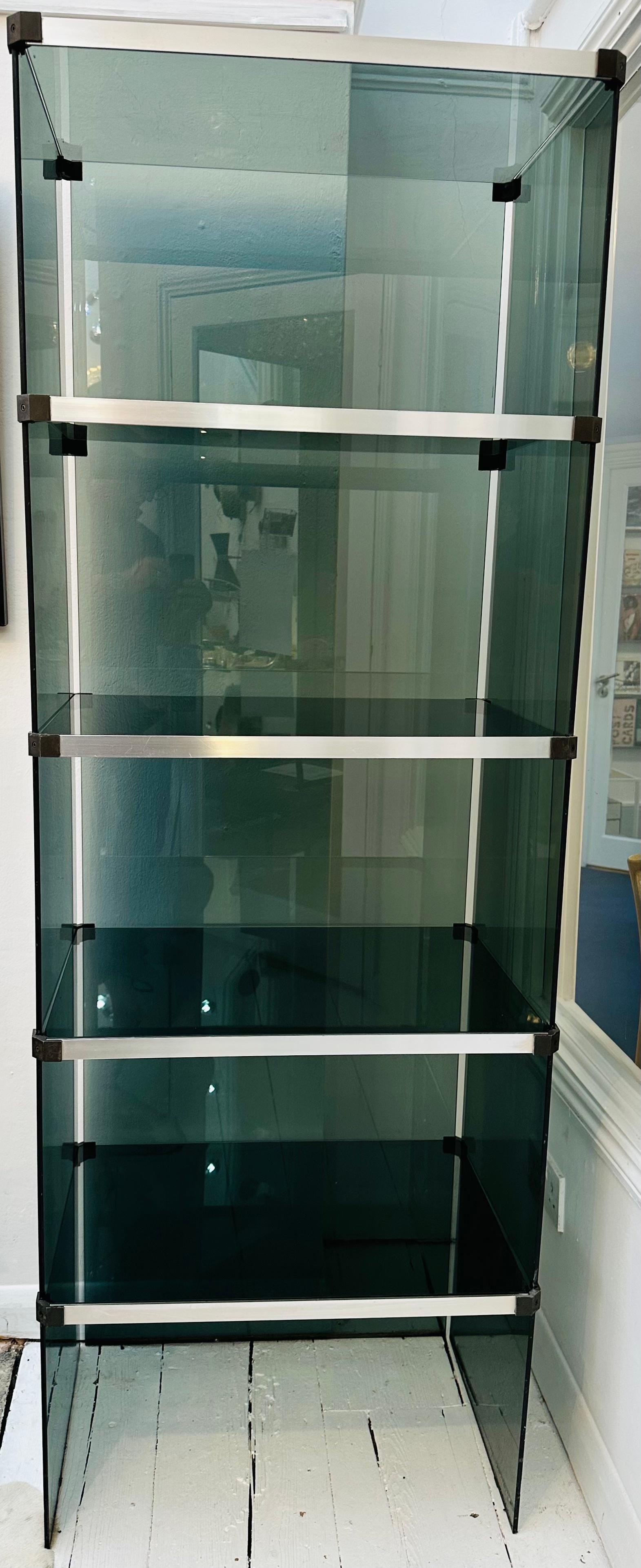 Mid-Century Modern 1970s Belgium Green/Blue Glass Chrome Shelving Display Cabinet Unit Belgo Chrome For Sale