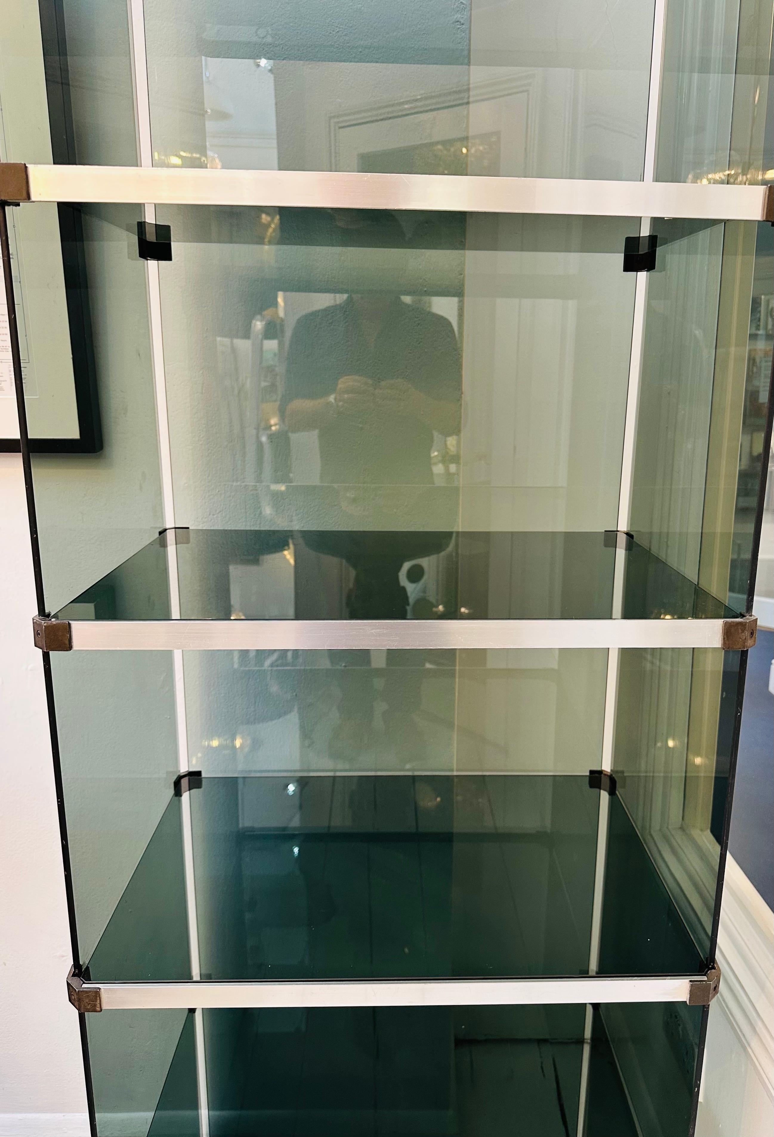 1970s Belgium Green/Blue Glass Chrome Shelving Display Cabinet Unit Belgo Chrome In Good Condition For Sale In London, GB