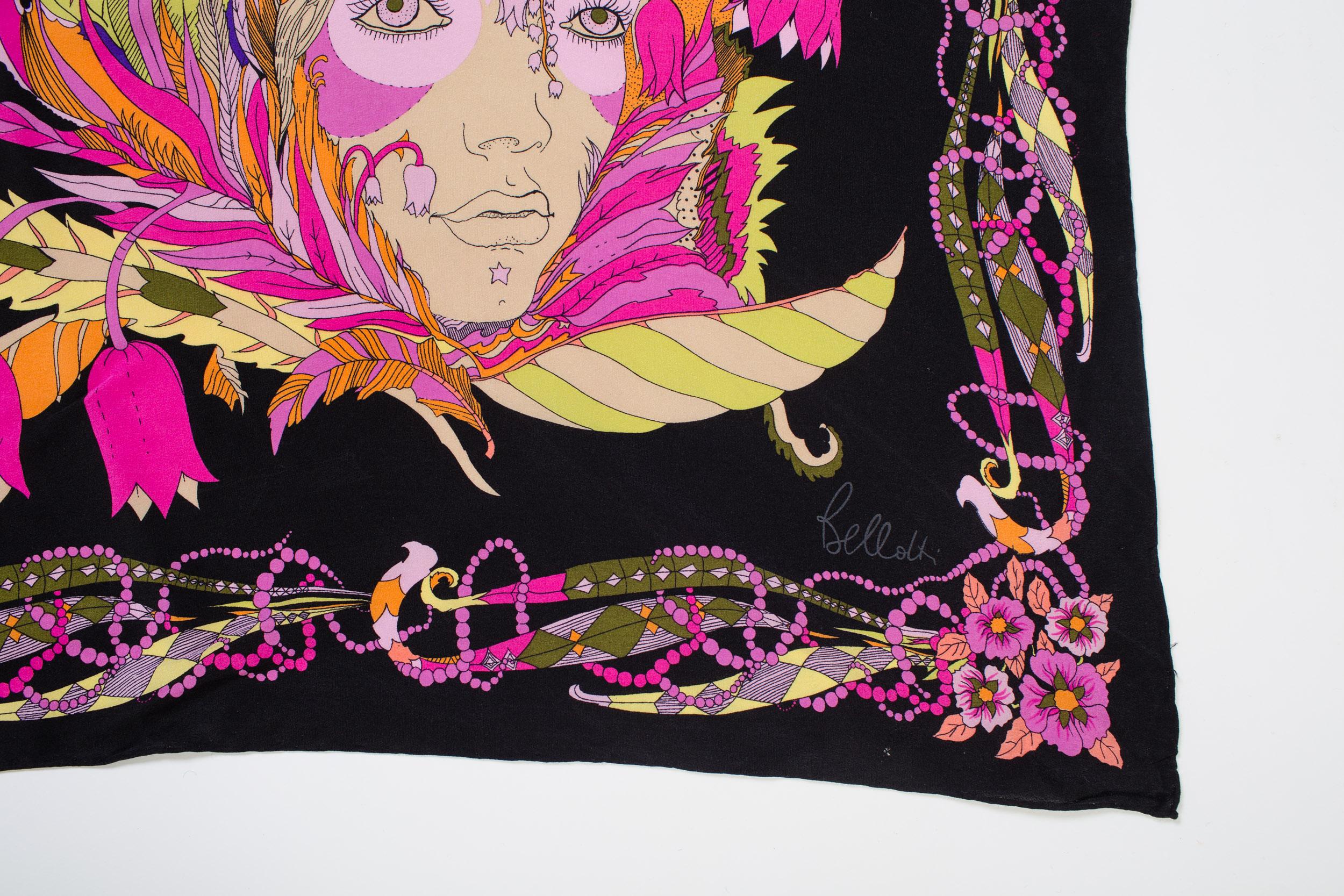 1970s Bellotti Psychedelic Floral Silk Scarf Face Art